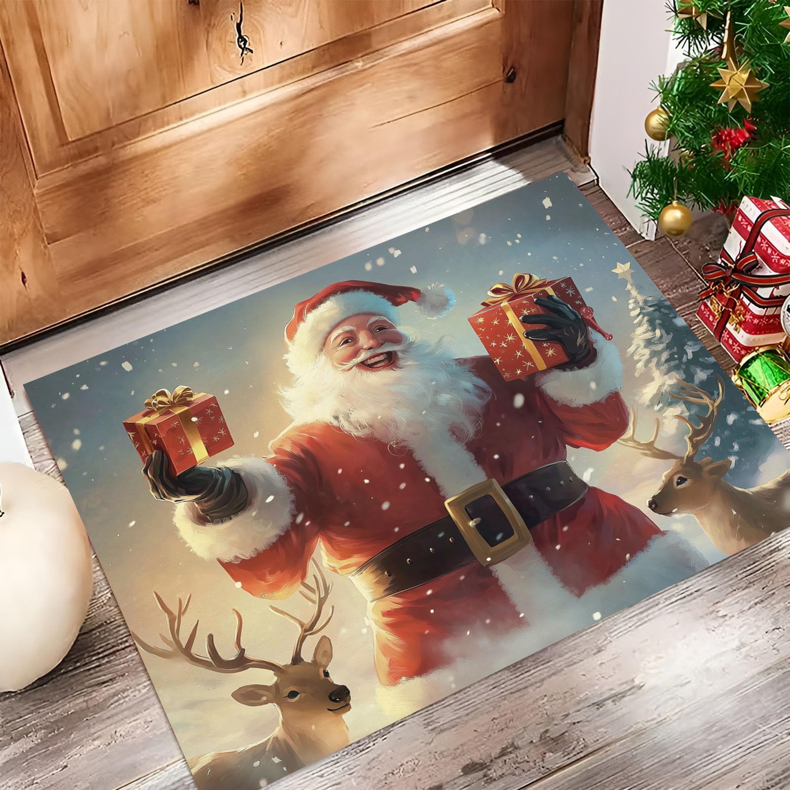 Felpudo De Navidad, Alfombra Papá Noel Retro para Entrada Casa 80X120Cm, Alfombra De Puerta De Entrada, Felpudos Lavables Patrón De Renos De Invierno Azul Grisáceo, Decorativo Casa