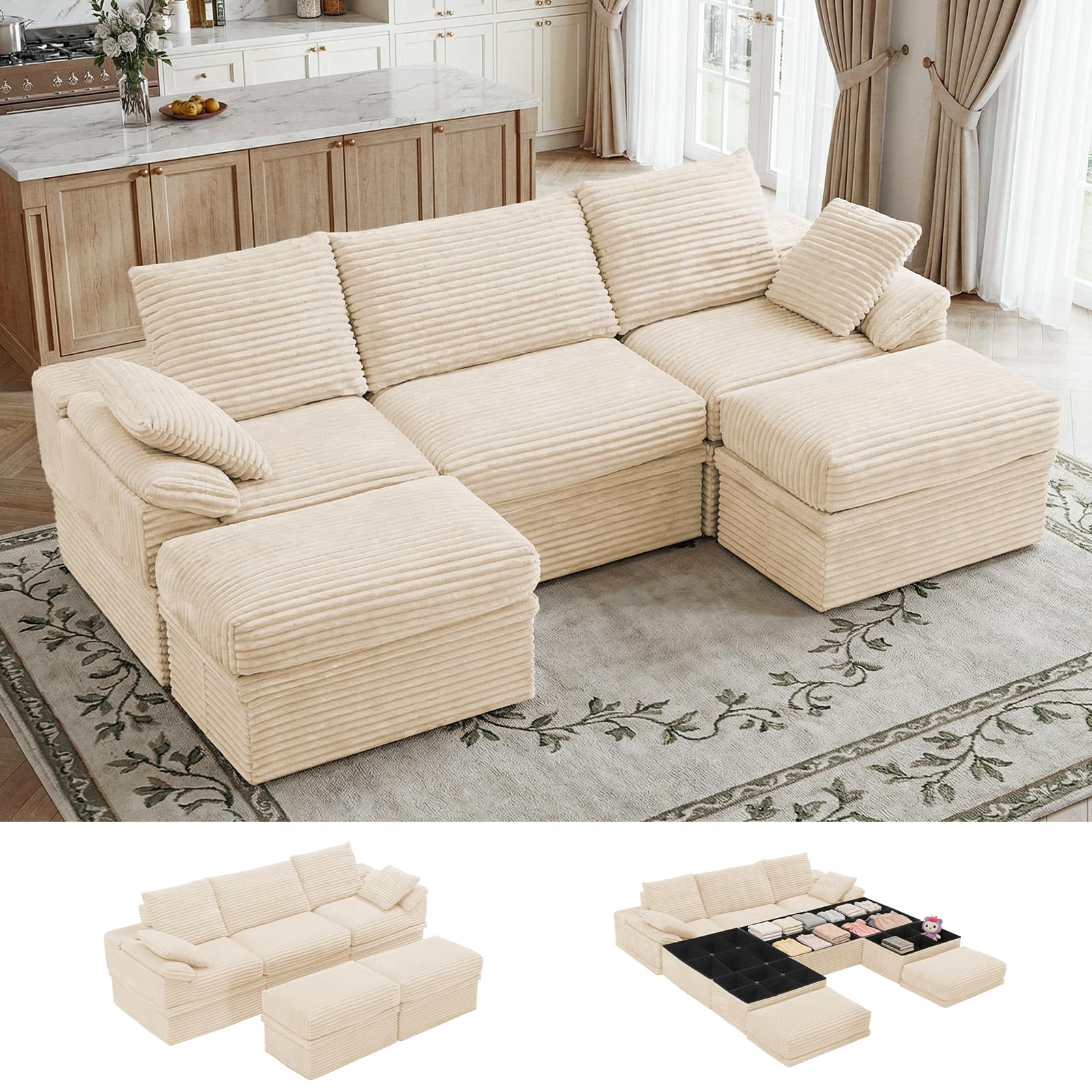 Luxury 107" U Shaped Couch, Modular Sectional Sofa with Hidden Storage, 3-Seater Comfy Cloud Couch with Movable Ottoman, Deep Seat Couches for Living Room,Tool-Free Assembly,Corduroy,Beige (Left arm chair only)