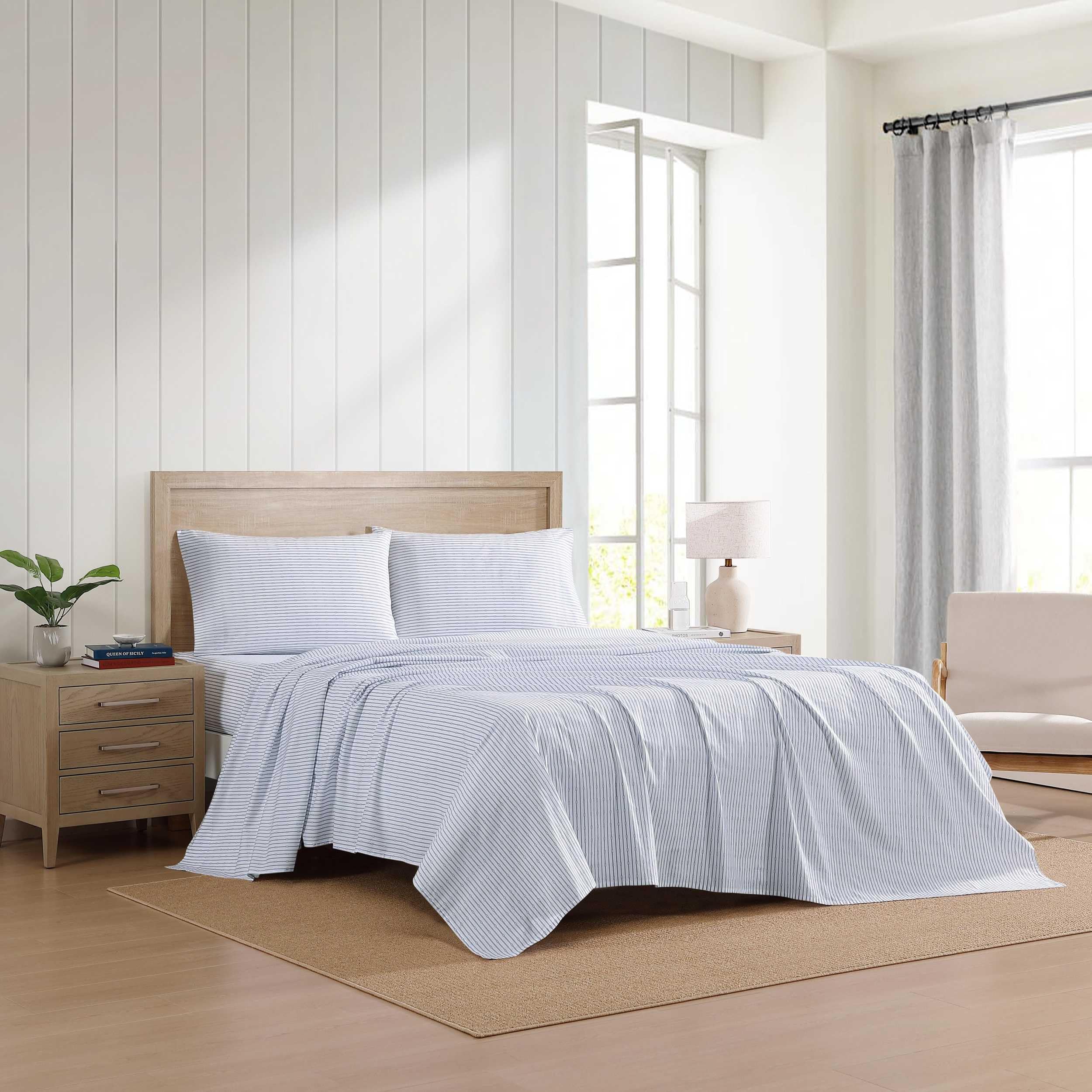 Tommy Hilfiger - Juego de sábanas, Ropa de Cama de percal de algodón con Fundas de Almohada a Juego, Fresco y Fresco, artículos Esenciales para el hogar Monograma Rayas Azules