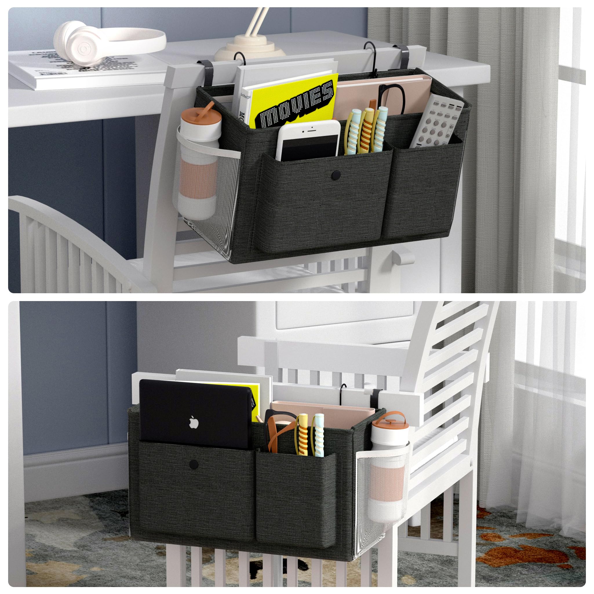 Edudif Nachttisch-Caddy, Nachttisch-Organizer mit festen Gurten und Wasserflaschenhalter, Etagenbett-Caddy ideal für Zuhause, Wohnheim, Krankenhaus, Kinderbett, vielseitige