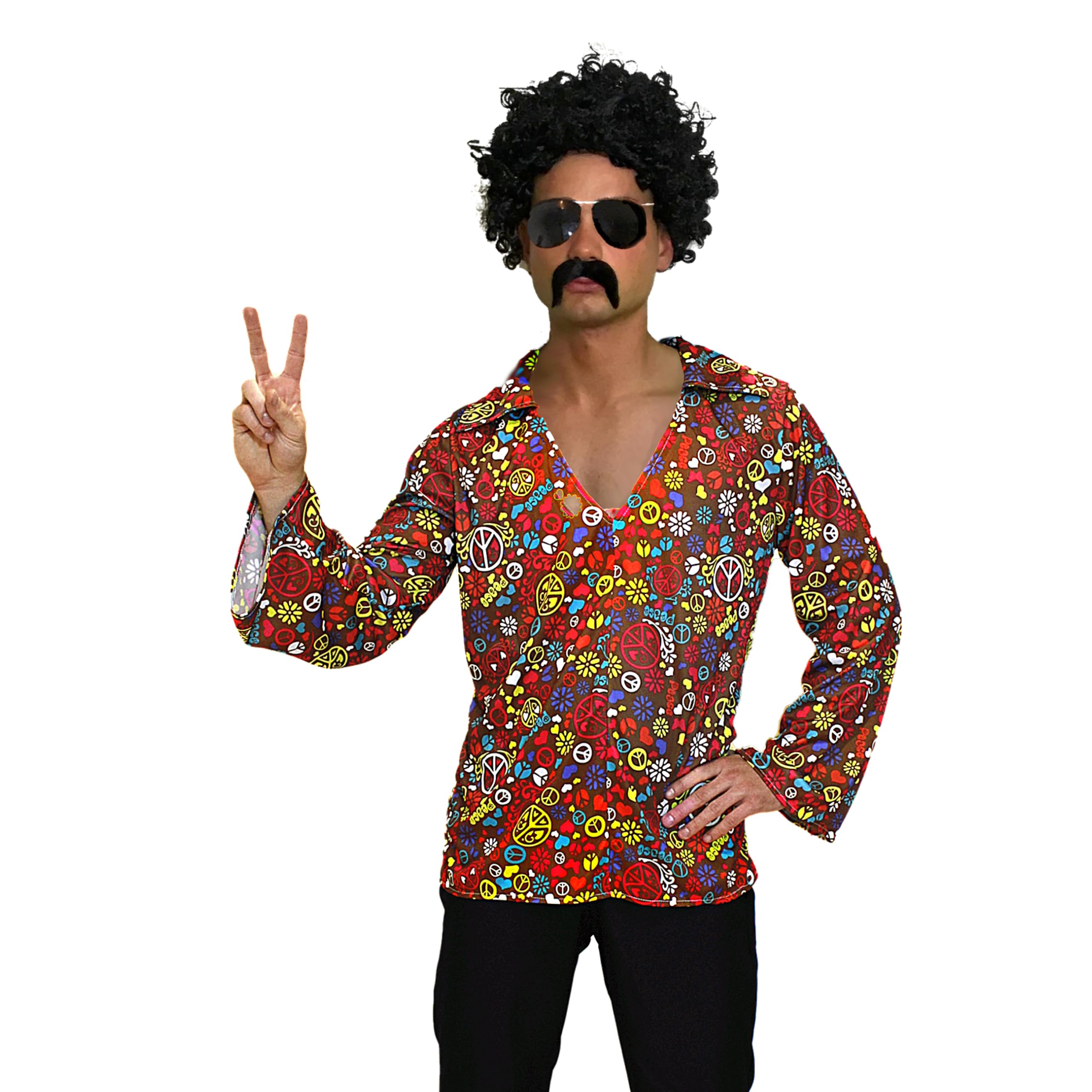 SoWest Men's 60s 70s Hippie Fancy Dress Shirt – Groovy Floral Long Sleeve Costume Top | Retro Flower Power Party Shirt for Men | Festival Disco Vintage Outfit - M Multicoloured
