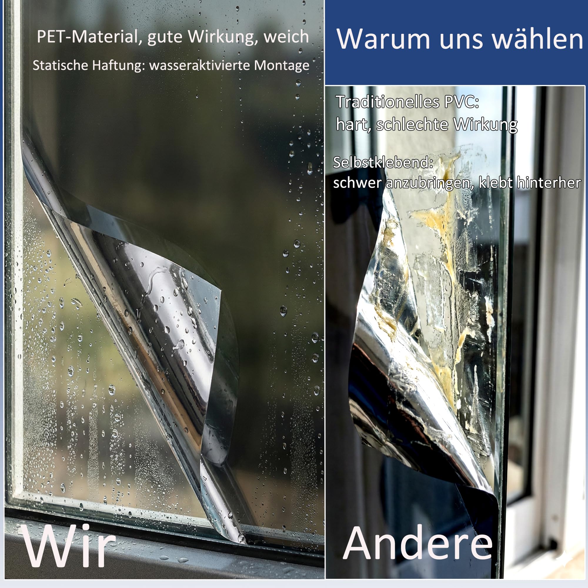 Spiegelfolie Fenster Sichtschutz, 90x400 cm, Selbstklebend, UV-Schutz, Sonnenschutz, Hitzeschutz, Innen und Außen