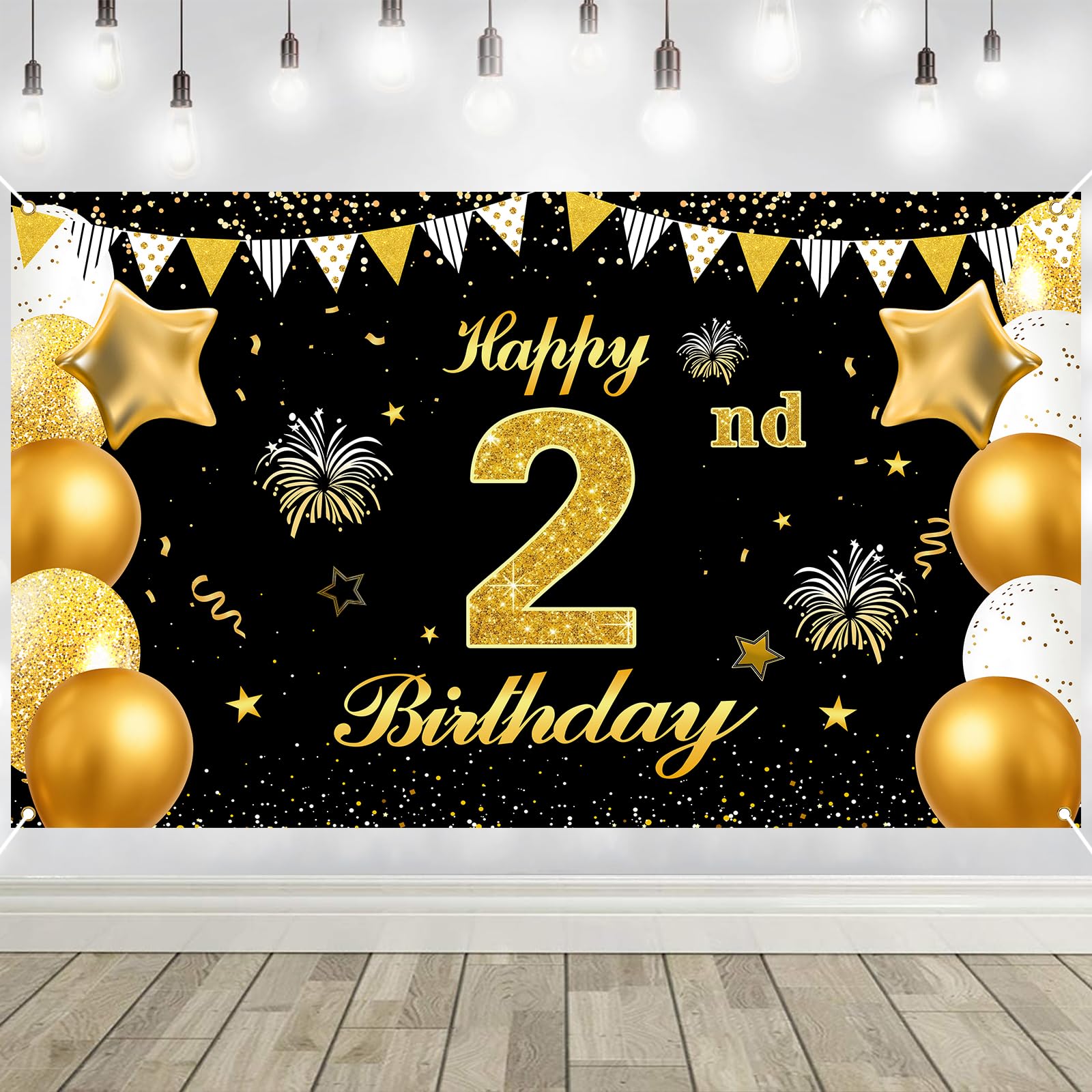 2nd Birthday Decorations Banner Gold Black Happy Birthday Door Banner for Party Photo Backdrop for Men Women Home Outdoor Cover Party Decoration Supplies Poster