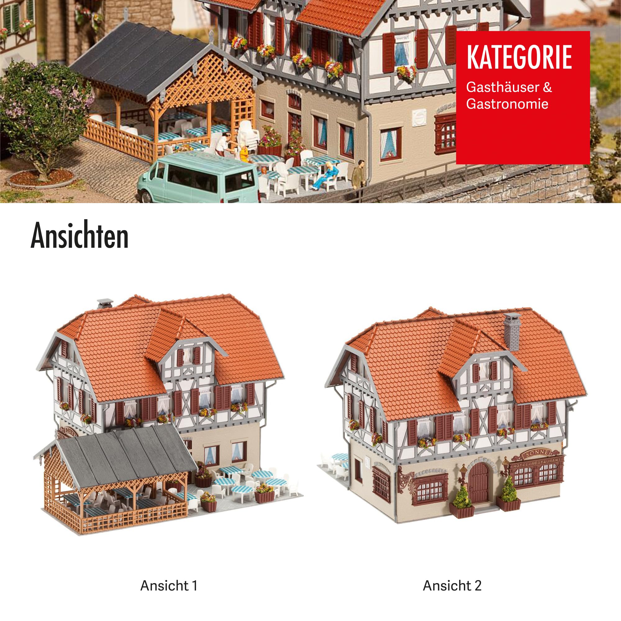 Faller FA130438 - Gasthaus Sonne mit Laube, 18.5 x 7.7 x 27.9 cm, Orange, Braun und Grau