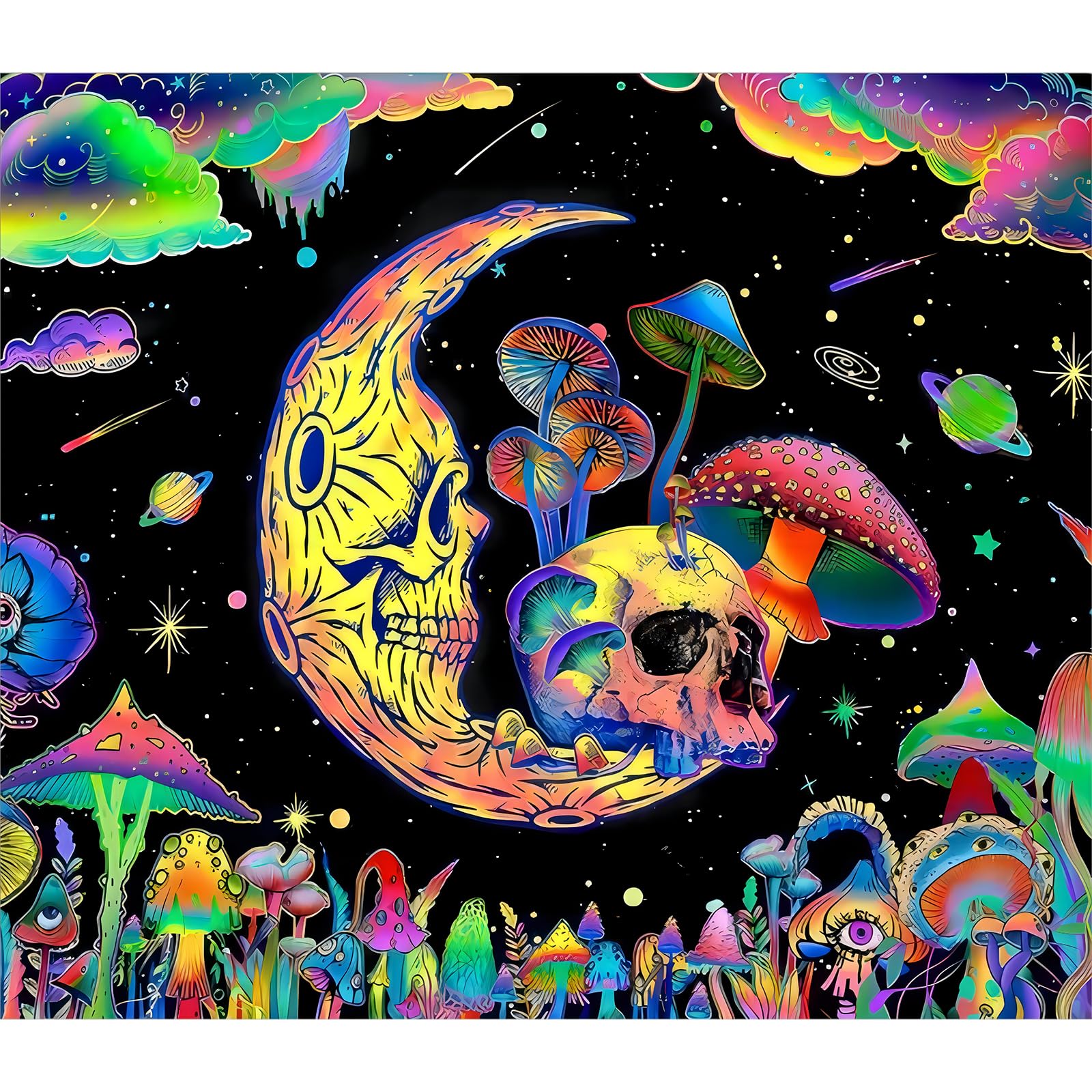 Roninkier Mushroom UV Tapestry Black Light Wall Cloth, Psychedelic Aesthetic Skeleton Nature Forest Wall Hanging for Bedroom Living Room (Mushroom 4, 95 x 73cm)