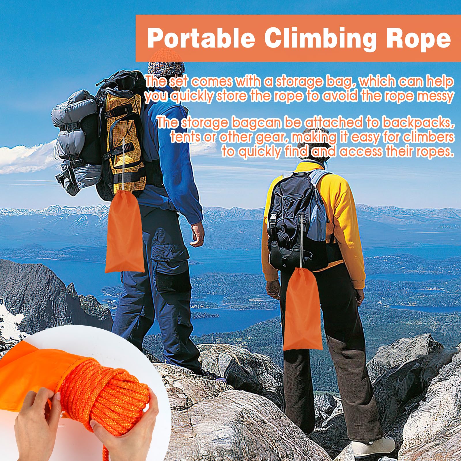 10mm*20M Kletterseil, Outdoor Sicherheitsseil, Nylon Seil Statisches Kletterseil mit 2 Karabinern Rettungsseil Feuerrettungs-Fallschirm-Seil für Arbeiten in der Höhe/Feuerleiter/Abseilen/Sport