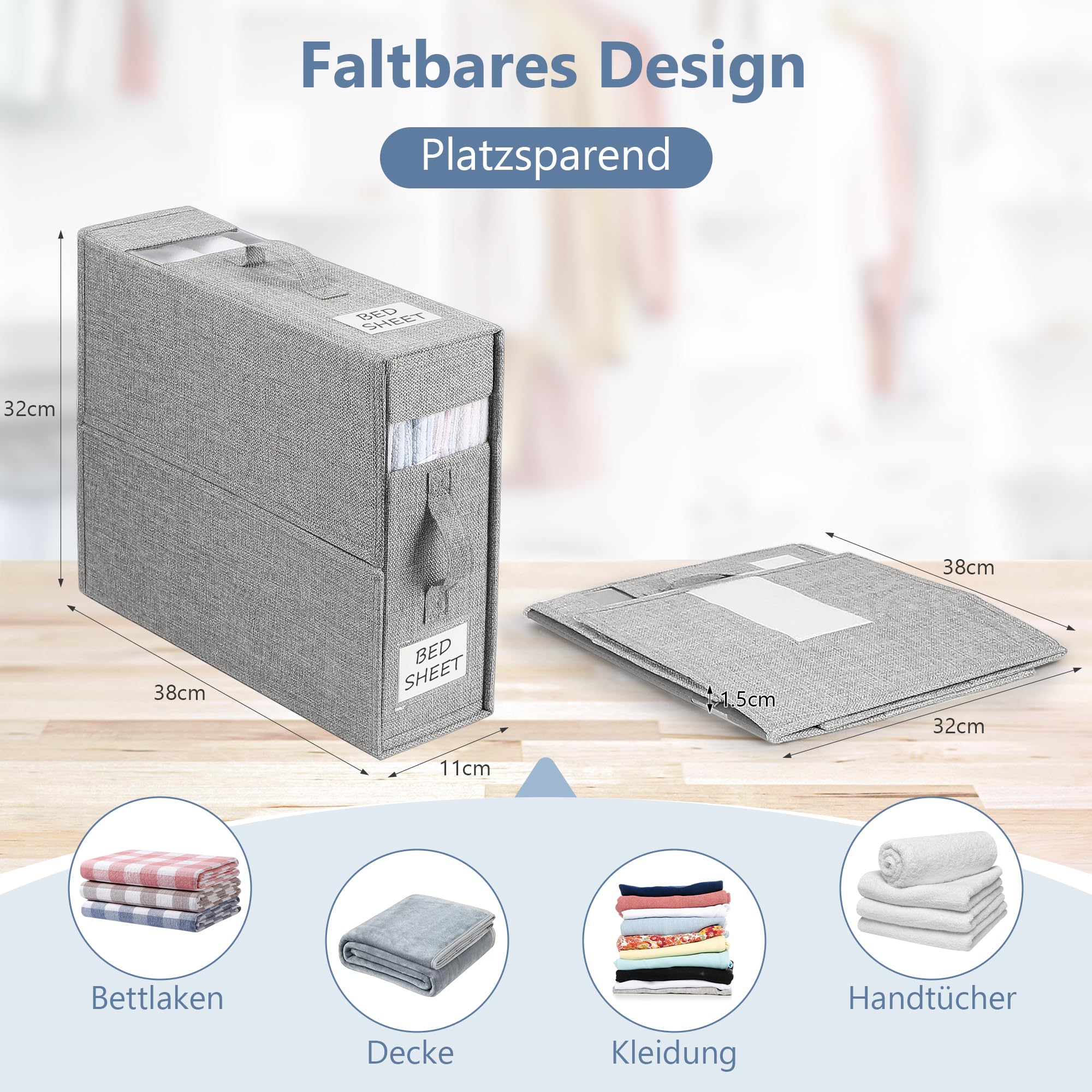 Aufbewahrungstasche für Bettlaken, 4 Stück Faltbare Bettwäsche Organizer, Praktische Lagerung von Bettwäsche und Decken für King & Queen Size Betten, Grau