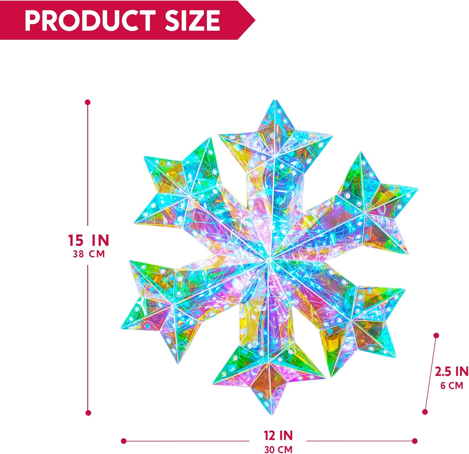 JOIEDOMI Lighted Prismatic Iridescent Christmas Decorations with LED Lights, USB Powered Indoor Christmas Decoration, 15 inch Iridescent Xmas Decor for Party Holiday Desktop, Multicolor Snowflake