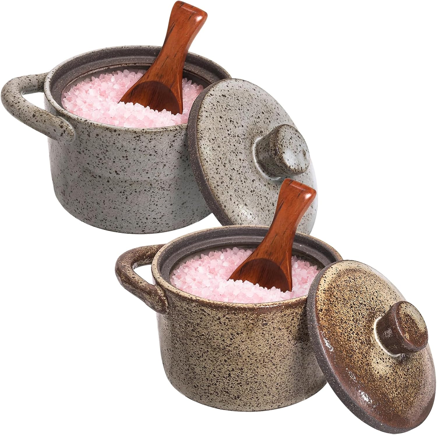 2 Set Speckled Ceramic Salt Cellar with Lid and Wooden Spoon, Vintage-Inspired Kitchen Storage, Farmhouse Salt Pepper Cellar Holder, Thoughtful Housewarming Gift for Sea Salt, Granulated Sugar