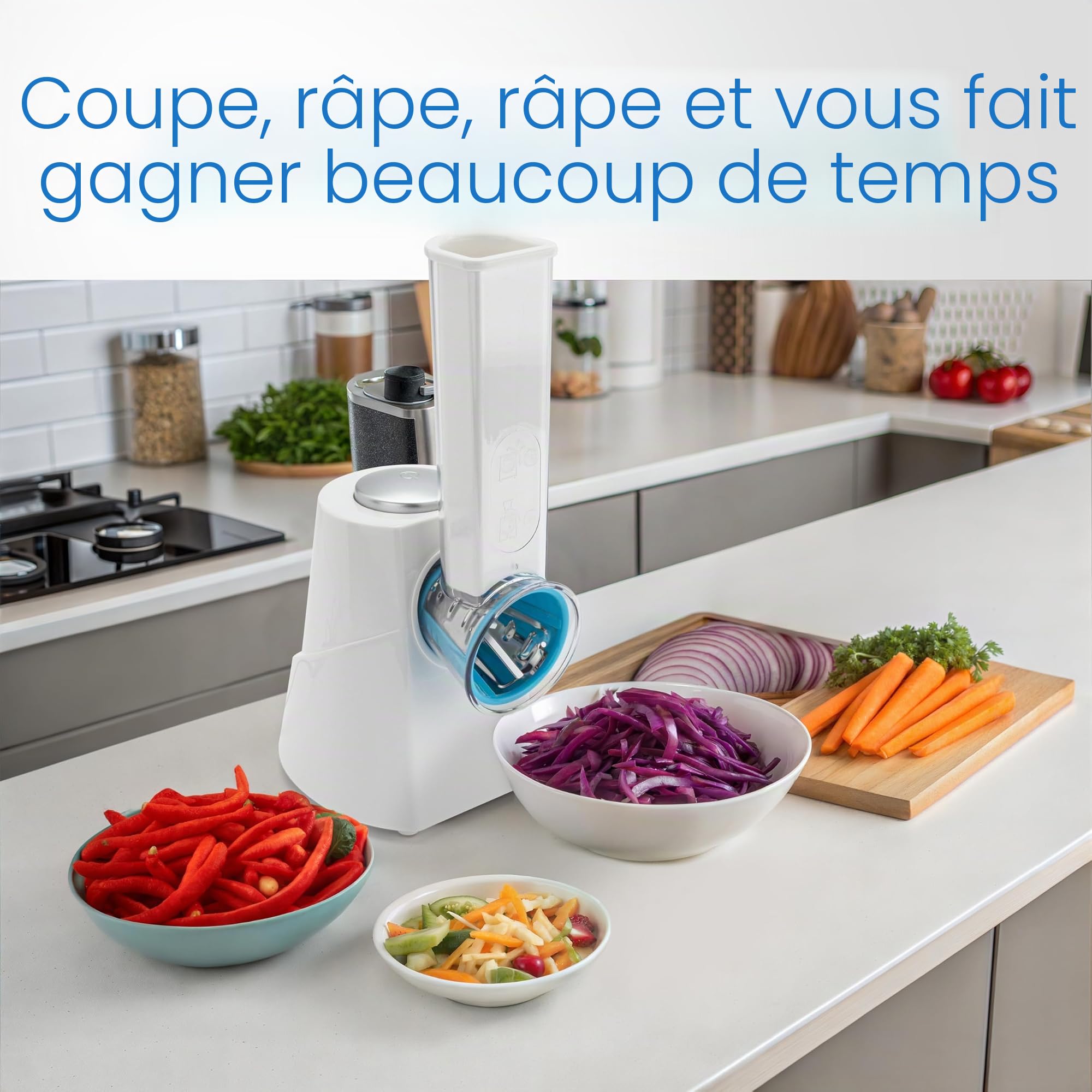 Clatronic ME 3604, Multi-Express, pour couper, râper et émincer | Éminceur électrique | Coupe-légumes | Râpe à légumes | 5 ustensiles y compris râpes | Grande ouverture de remplissage | 200W | Blanc