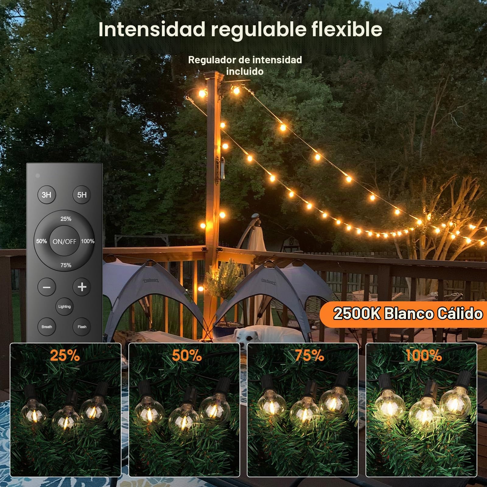 Guirnalda Luces Exterior Regulables Jardin 45.7M | con Control Remoto, 75+2 LED Bombillas, IP45 Impermeable, Baja Tensión 24V, Blanco Cálido para Patio, Balcón, Camping