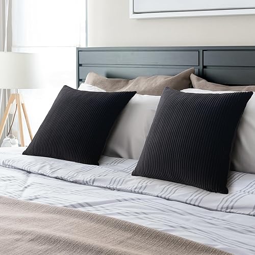 Miniatura 5 de YCOLL Juego de 2 fundas de almohada negras de 24 x 24 pulgadas, patrón de rayas de terciopelo, almohadas suaves para decoración del hogar, fundas de