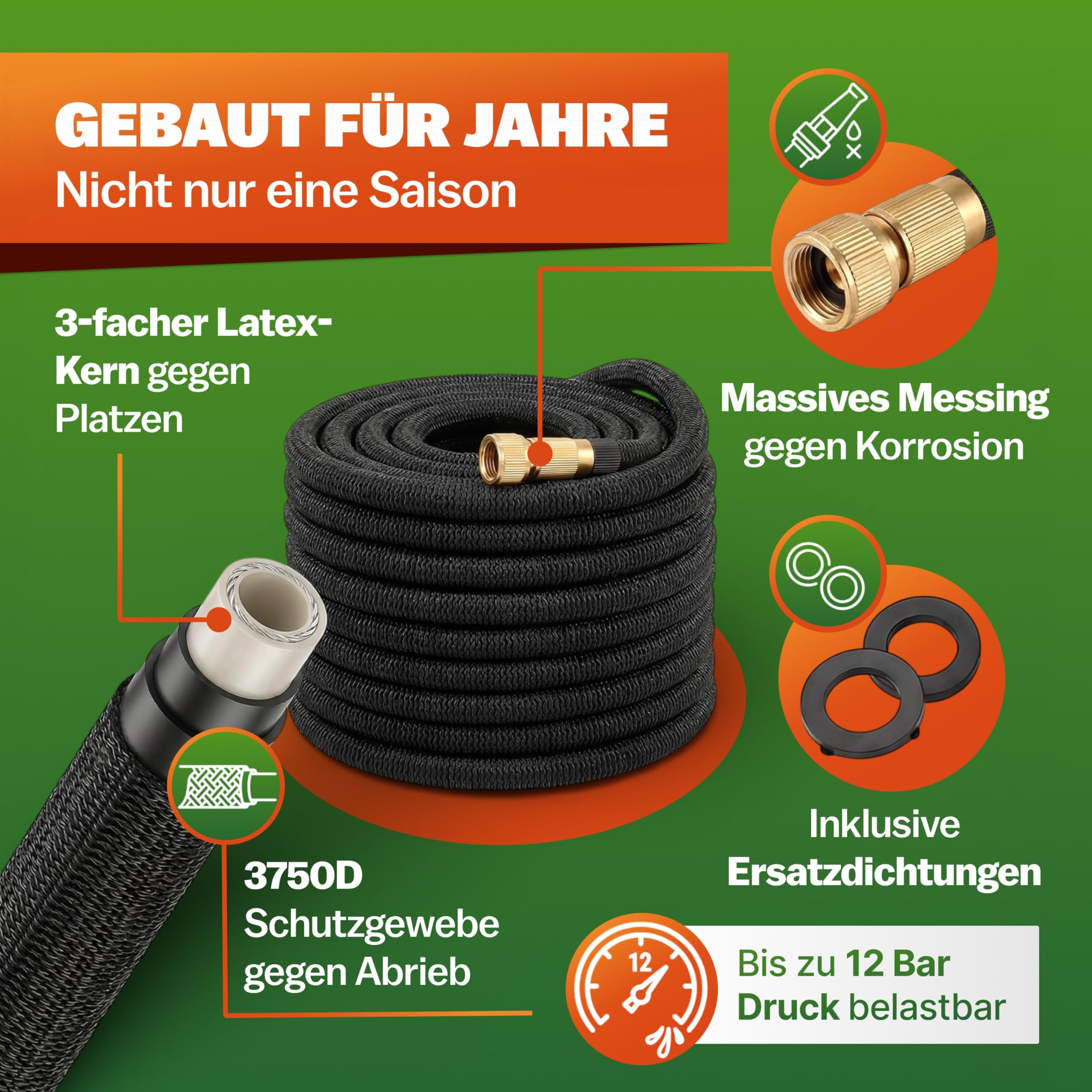 GARDEBRUK® Flexibler Gartenschlauch 22m 3fach Latexkern Vollmessing Adapter 1/2' 3/4' Zoll Wandhalterung Tasche Flexschlauch Wasserschlauch Schwarz