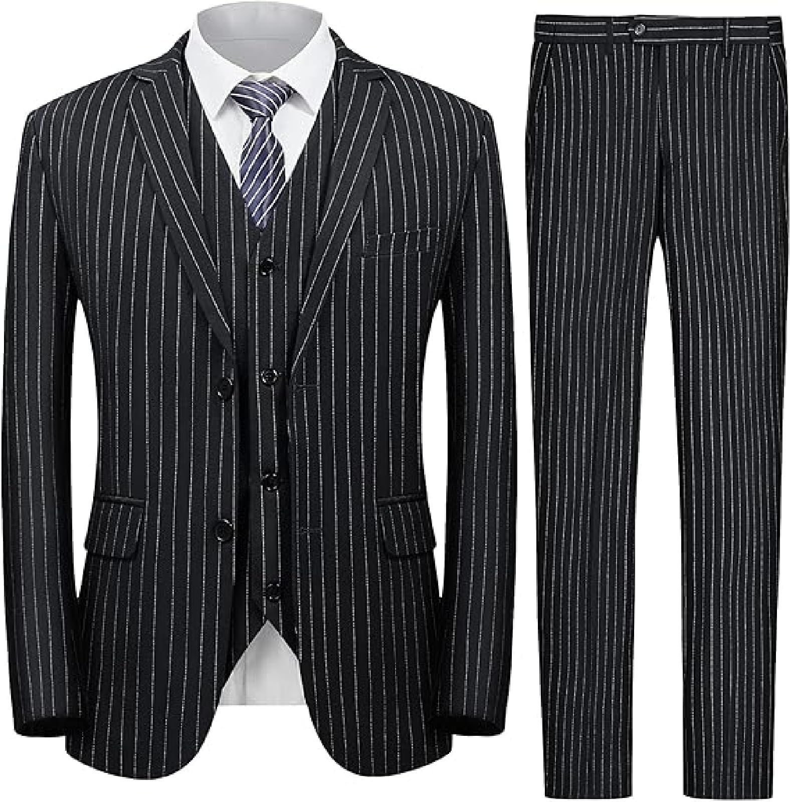 TSxuelian Męski prążkowany 3-częściowy garnitur slim fit elegancki jednorzędowy biznes wesele marynarka kamizelka i spodnie zestaw
