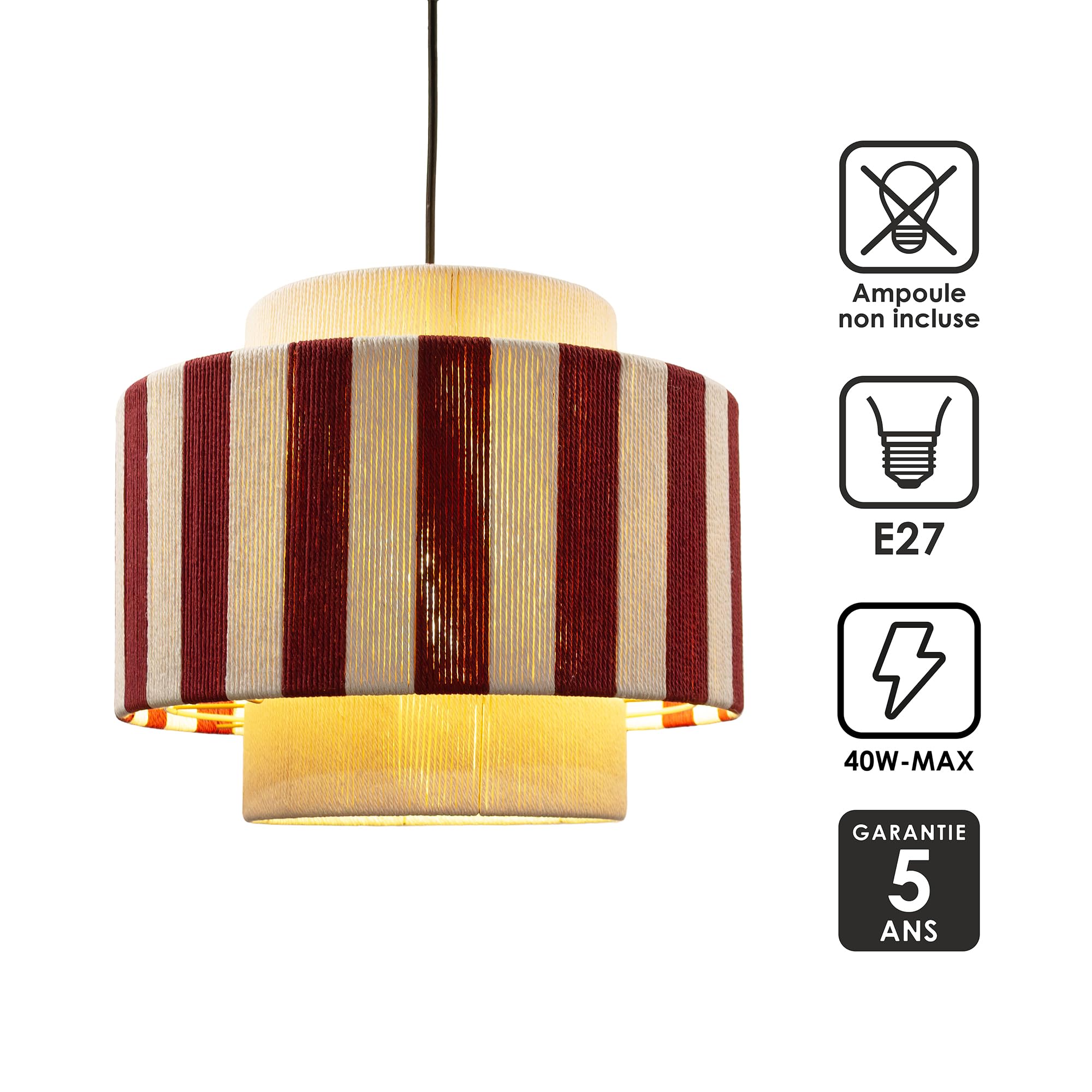 Box and beyond - Suspension Moyo - Coton Rayures Blanc et Rouge - Ø38 cm - Douille E27 - Salon, Chambre, Bureau - Style Chic