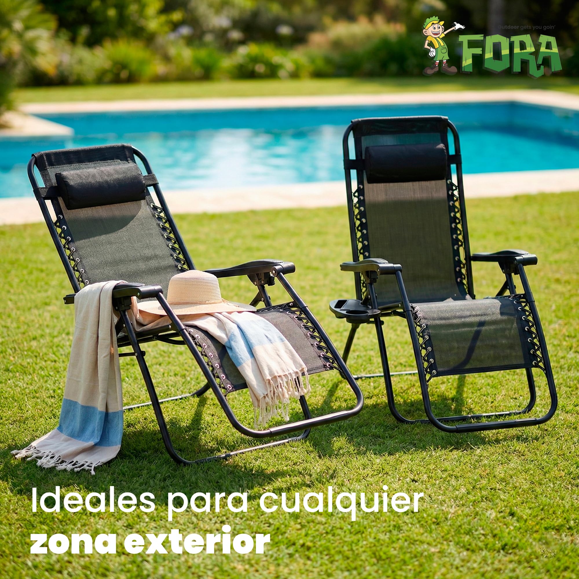 FORA Pack 2 Tumbonas Jardín Exterior Plegables – 176×67×110 Cm, Tubo 25mm y Tejido Transpirable, Color Negro, Reclinables con Bloqueo de Seguridad, Cojín Incluido, Plegado Rápido, 120Kg