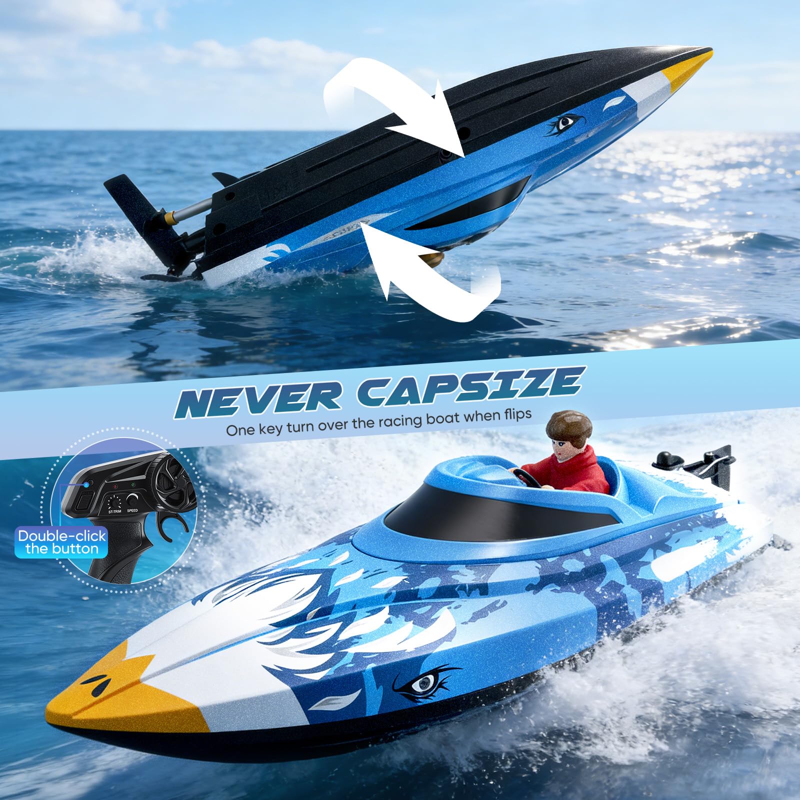 Barca RC telecomandata 25 km/h Telecomando a 2,4 GHz con portata di 120 m Motoscafo impermeabile con LED e funzione di ribaltamento 2 batterie e raffreddamento ad acqua per piscina, lago, blu