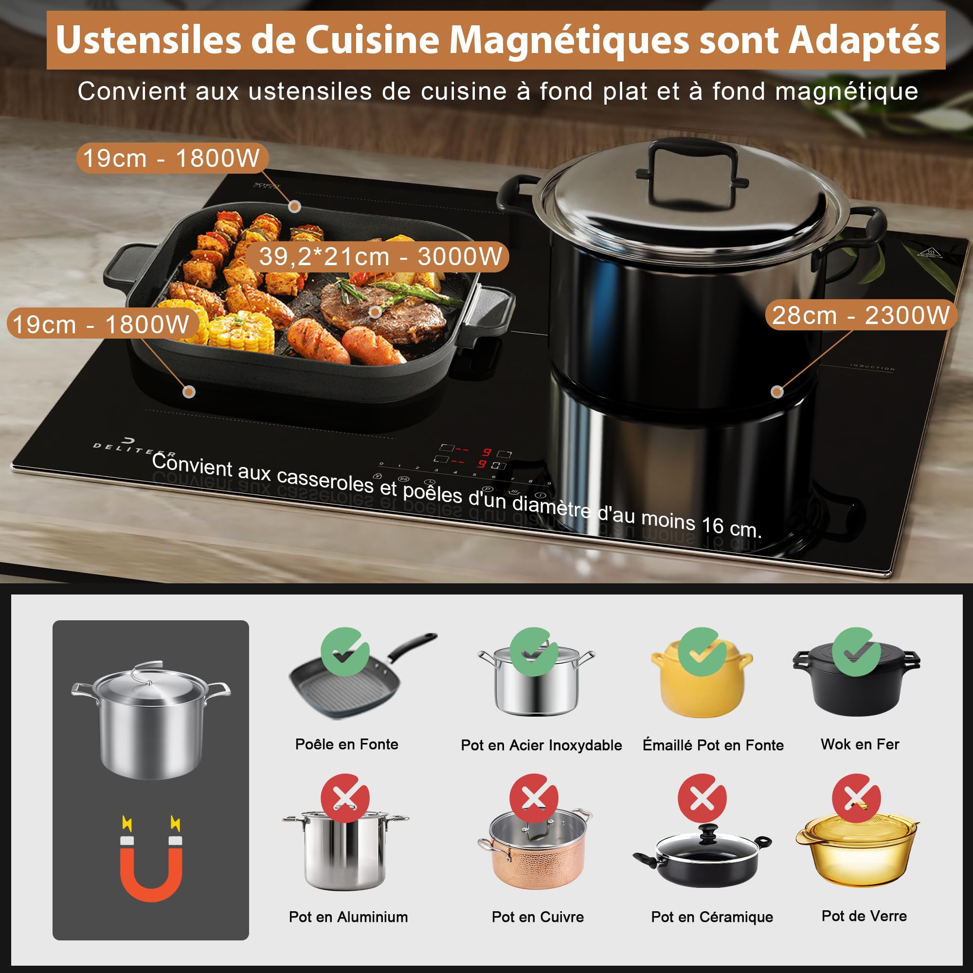 3 Burner Induction Hob, Induction Hob, Electric Hob 3 Hobs, Flexible Barbecue Area, Safety, Hob 6800W, Timer 1-99 min, 230 V