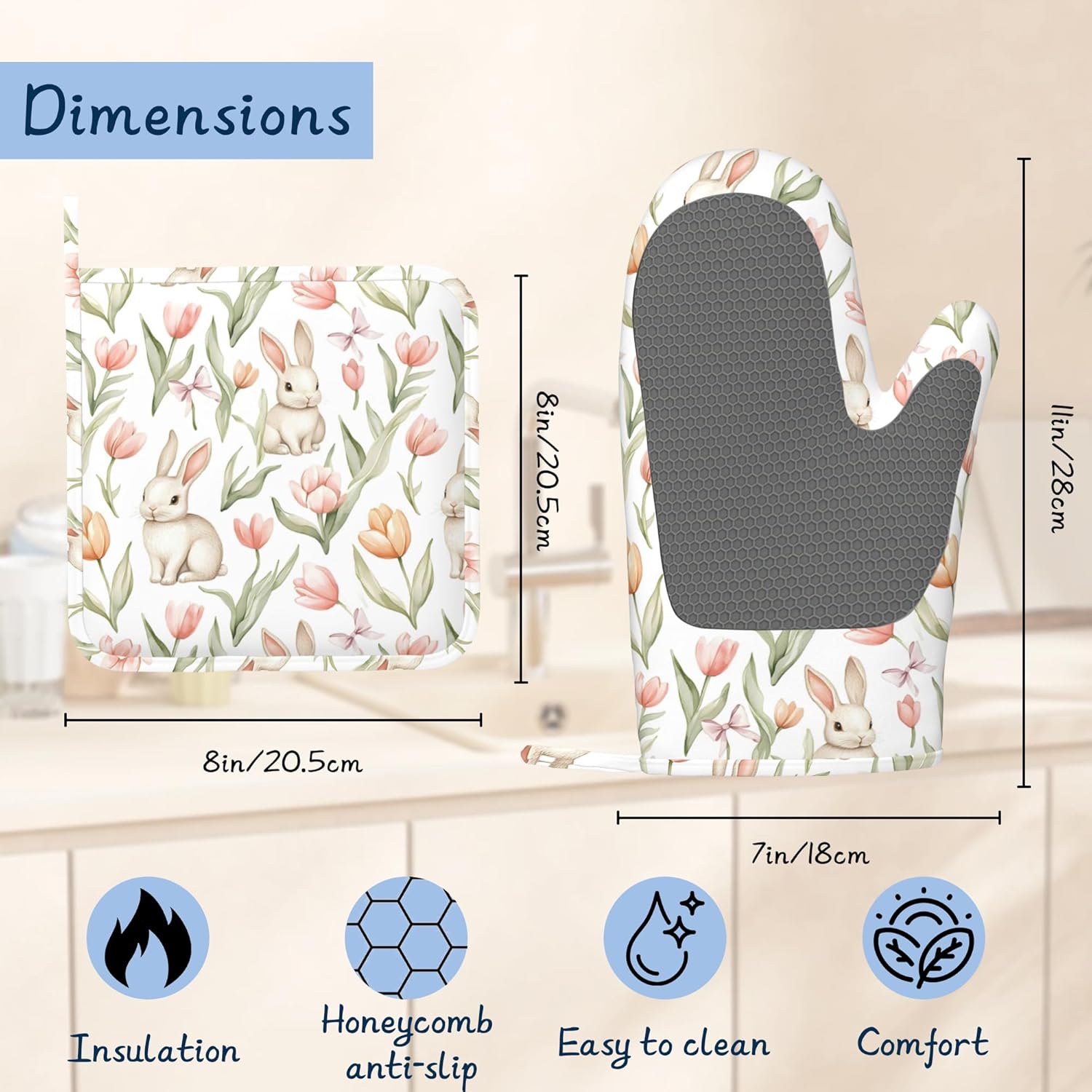 Heat Resistant Pot Holders and Oven Mitts,Cute Rabbits Extra Long Kitchen Oven Mitt Set,Easter Spring Flowers Cotton Lining Anti-Slip Waterproof Kitchen Mittens Hot Pan Holder for Baking Cooking