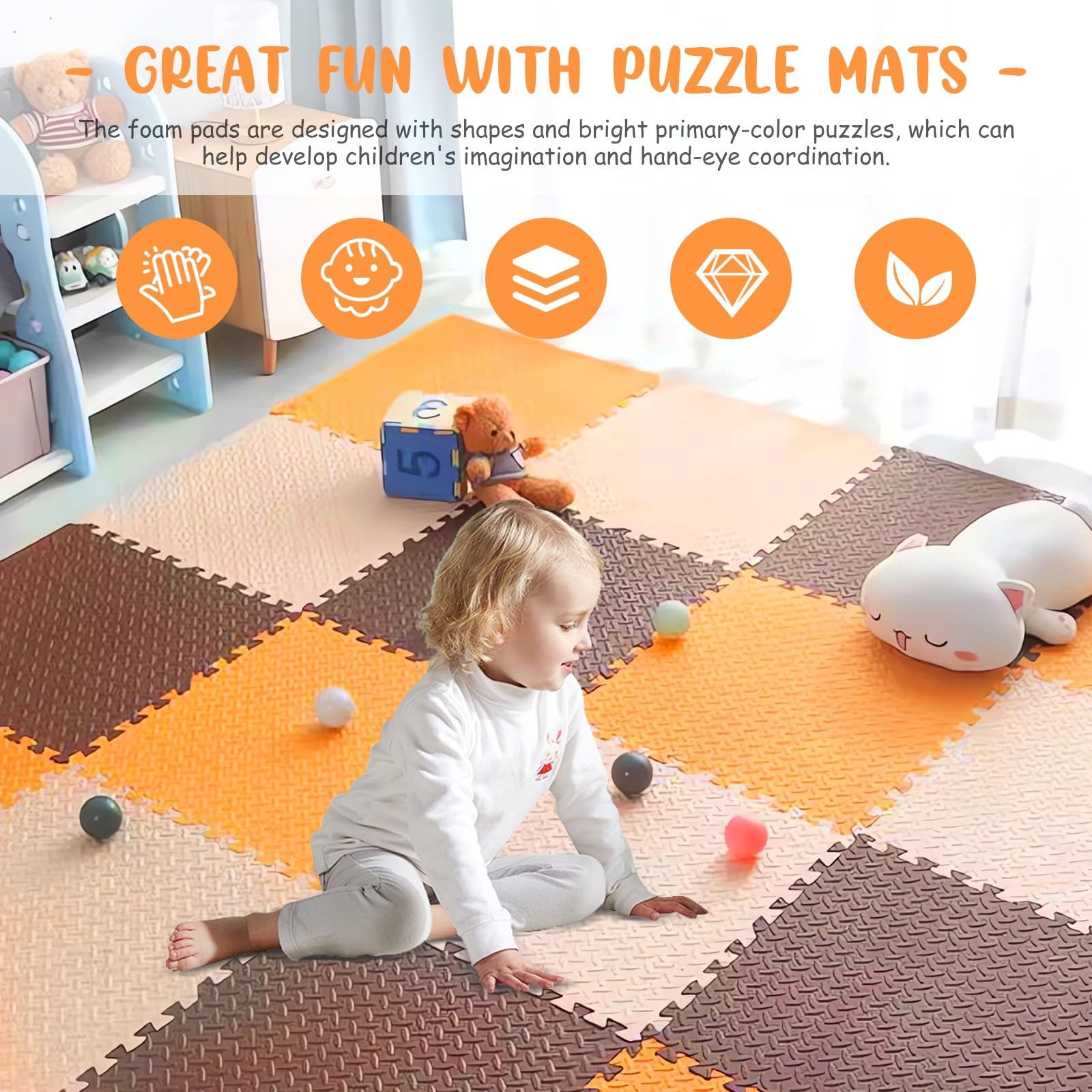Tapis Puzzle Bébé 145x145cm - 36 Pièces Mousse EVA Sans BPA, Antidérapant, Imperméable, Avec Bordure Convertible