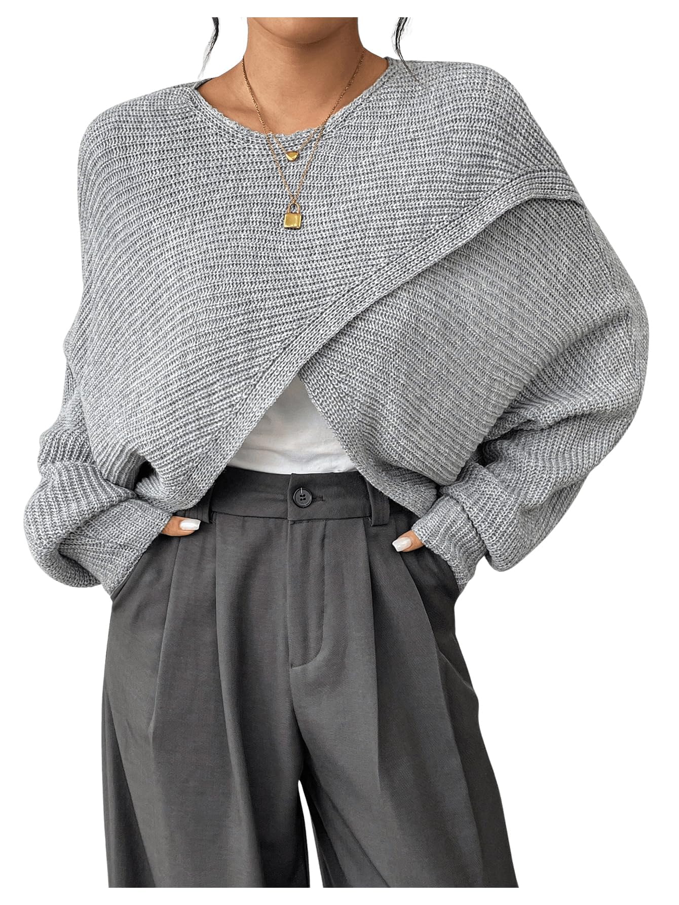 QJQ Womens 2025 Fall Long Sleeve Crewneck Cropped Sweater Lightweight Asymmetrical Wrap Tops Knit Pullover
