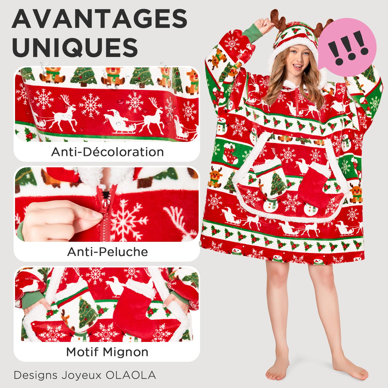 OLAOLA Unisexe Sweat à Capuche Couverture Surdimensionnée pour Adultes, Pull Plaid à Capuche en Polaire Sherpa avec Manches et Poches, Sweat Plaid Doux et Chaud pour Femme Homme