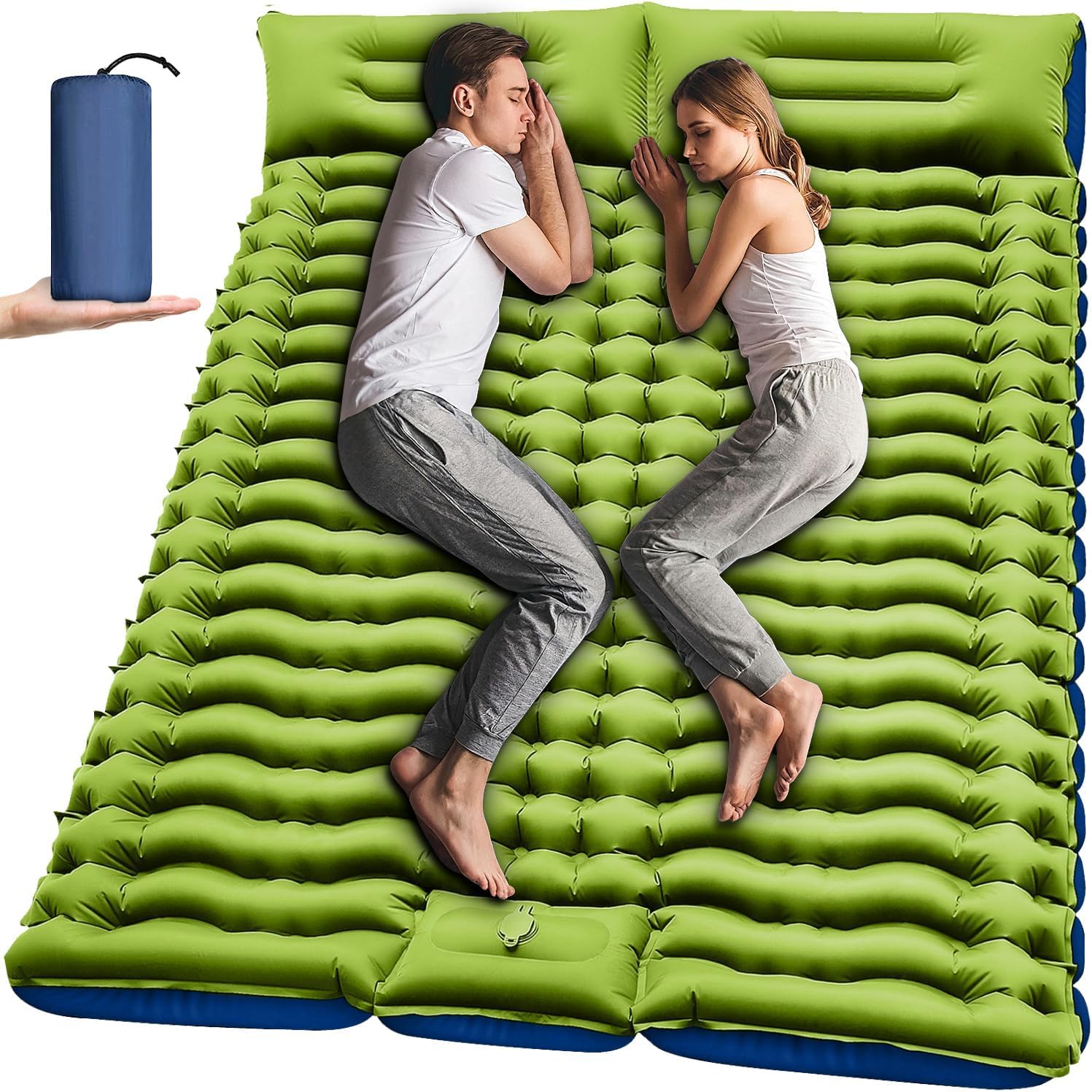 AquaFalcon Double Sleeping Pad - Self Inflating 4" Extra-Thick for 2 Person with Pillow Built-in Foot Pump Inflatable Sleeping Mat for Backpacking, Hiking, Traveling, Tent, Portable Camping Mat