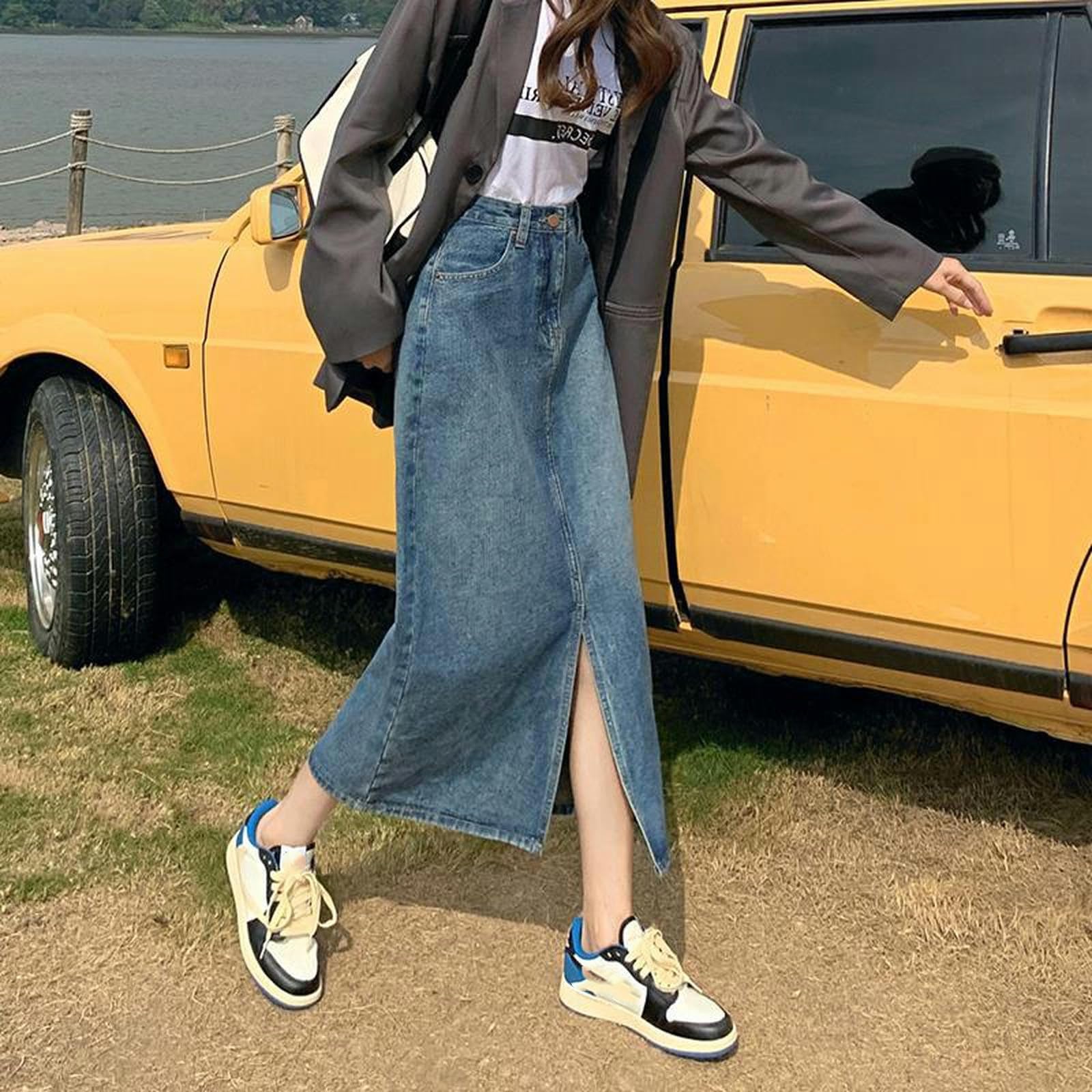 Gonna Lunga Donna Gonna Lunga da Donna Gonna Blu con Spacco Laterale A Vita Alta Gonna Aderente in Denim Gonna Midi in Denim da Donna con Spacco