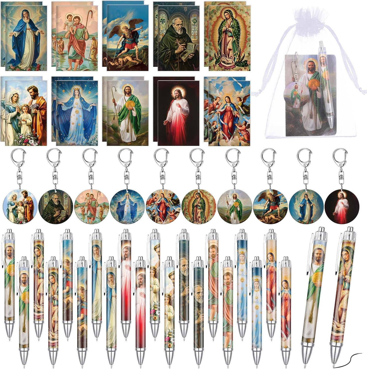 Sayglossy 20 Sets Christian Catholic Gifts Saint Prayer Notebook Acrylic Keychain Ballpoint Pen Organza Bag Catholic Easter Religious Gift (Christian)