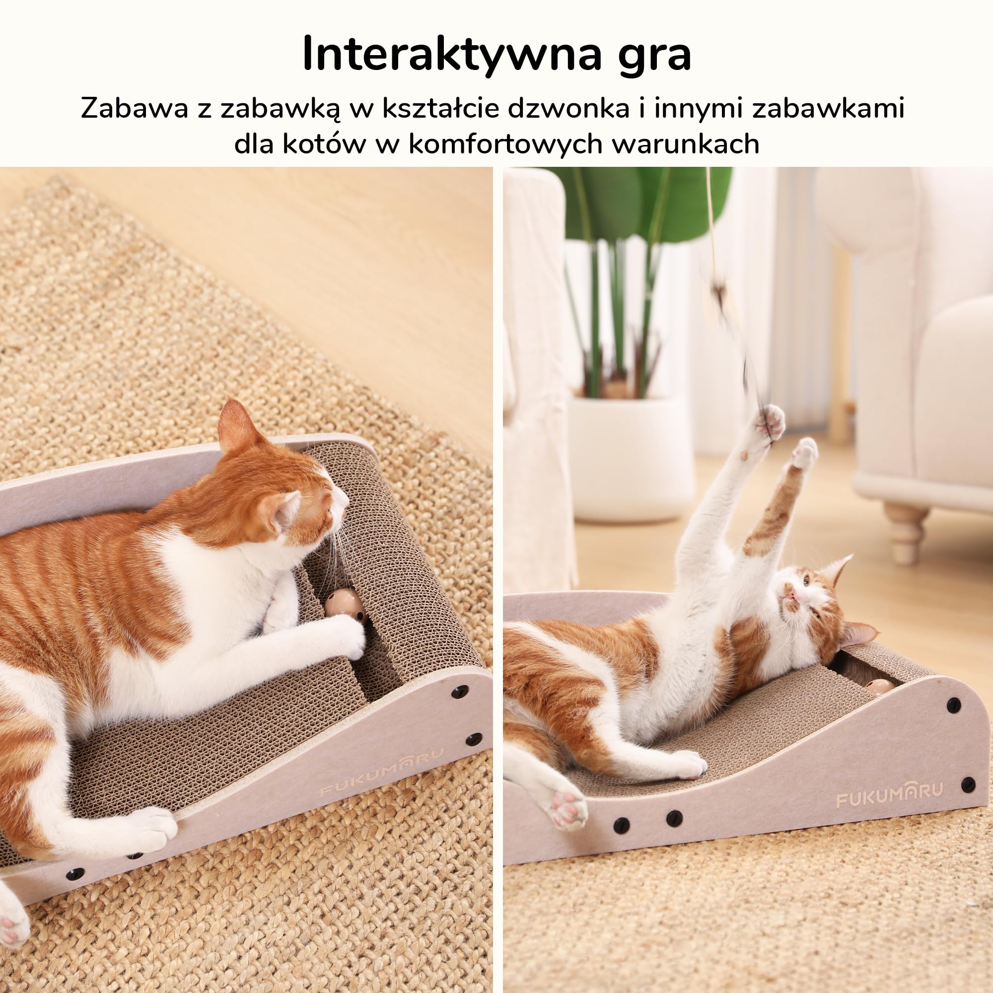 FUKUMARU Kartonowe legowisko dla kota z drapakiem, bardzo długie 74 cm, naturalny filc, wielofunkcyjne legowisko dla kota z drapakiem i zabawką w kształcie piłki, kolor camelowy