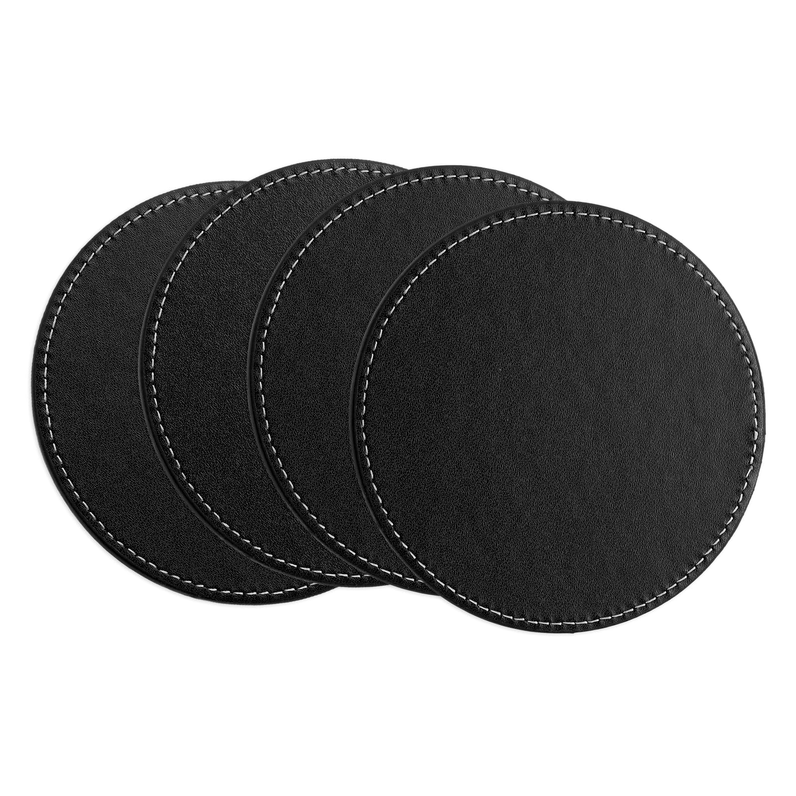 uxcell Round Drink Coasters Set of 4 White Stitched Dual Sided Non-Slip Non-Stick Waterproof Leather Coasters for Drinks Coffee Table