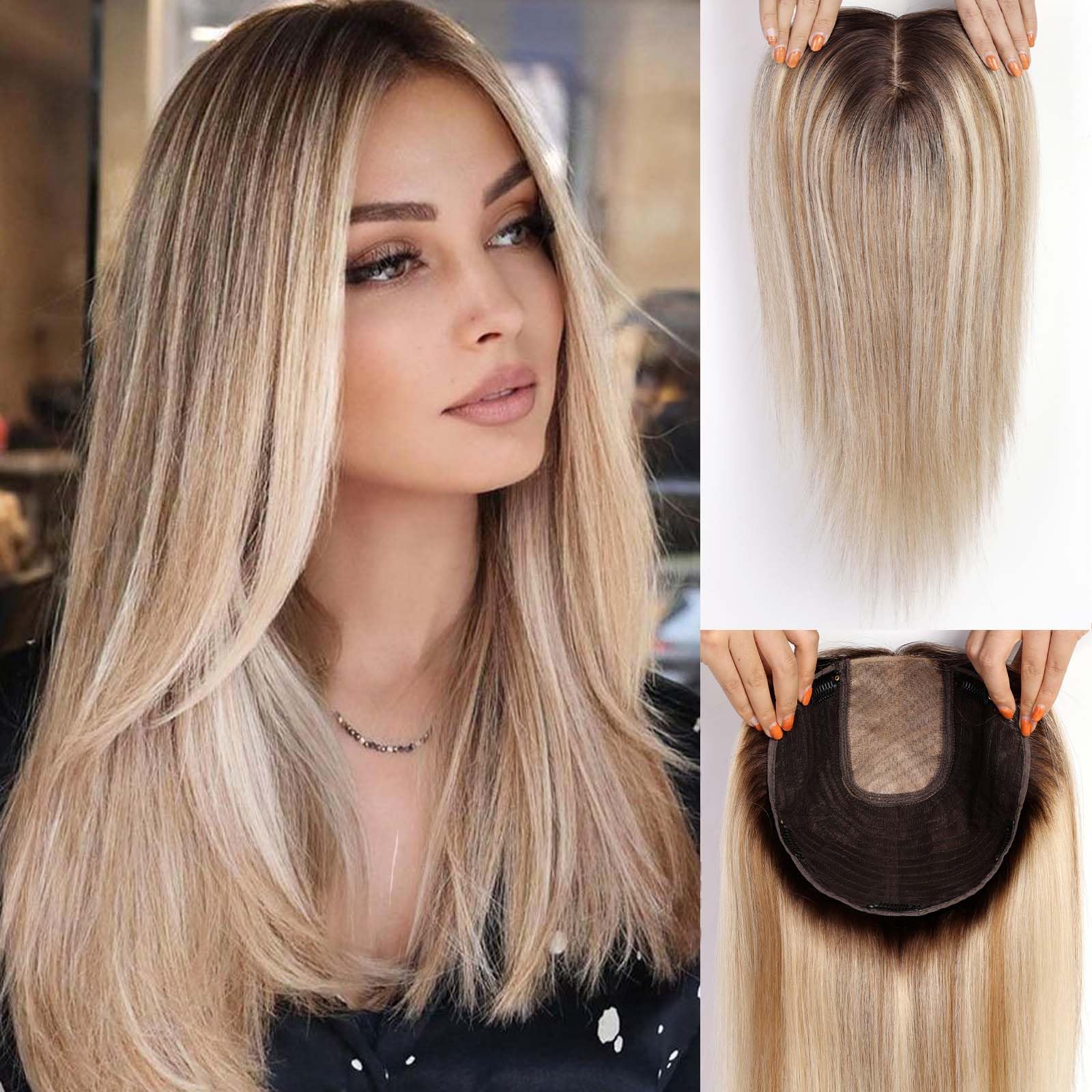 HAIRCUBE 16 inch Hair Toppers for Women Real Human Hair 7x8inch Large Base no Bangs,Top HairPieces Human HairToppers for Women with Hairloss or