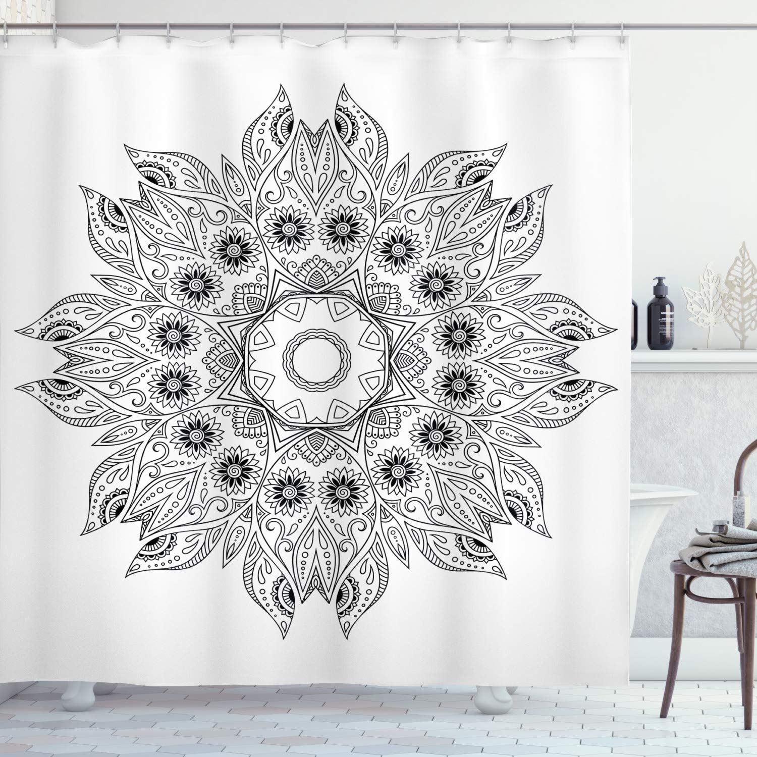 Tenda Da Doccia Con Stampa Lago E Montagne - 175x200 Cm Con Ganci - Tessuto Idrorepellente Turchese/Corallo - Foto 5