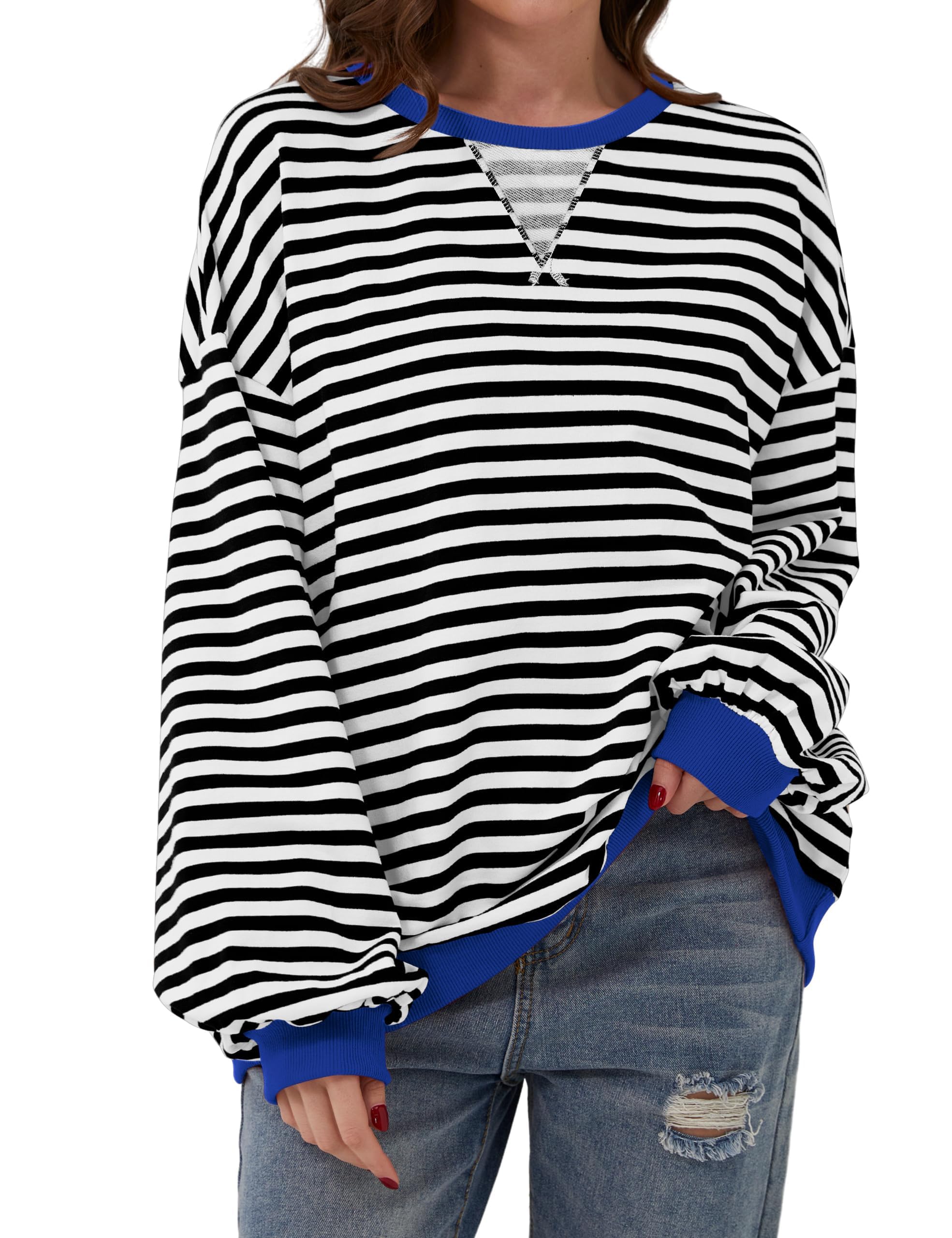 DUOEASE Sweat Femme Pull Chic et Elegant Manches Longues Top Automne Hiver | Doux, extensible et respirant, rayé, col et poignets contrastés, coupe décontractée, idéal au quotidien, au bureau