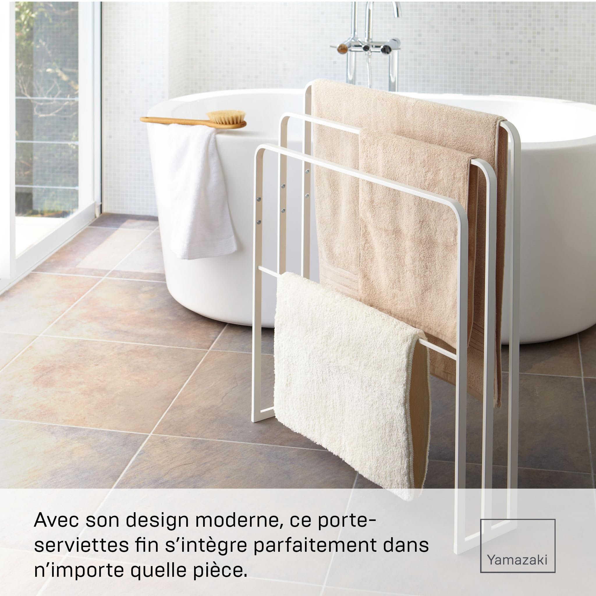 Yamazaki Tower Porte-Serviettes sur Pied, en Acier - 3 Branches, Stable, Salle de Bain, Douche, Baignoire, lavabo - 14 x 70 x 81 cm, Design Japonais, Blanc