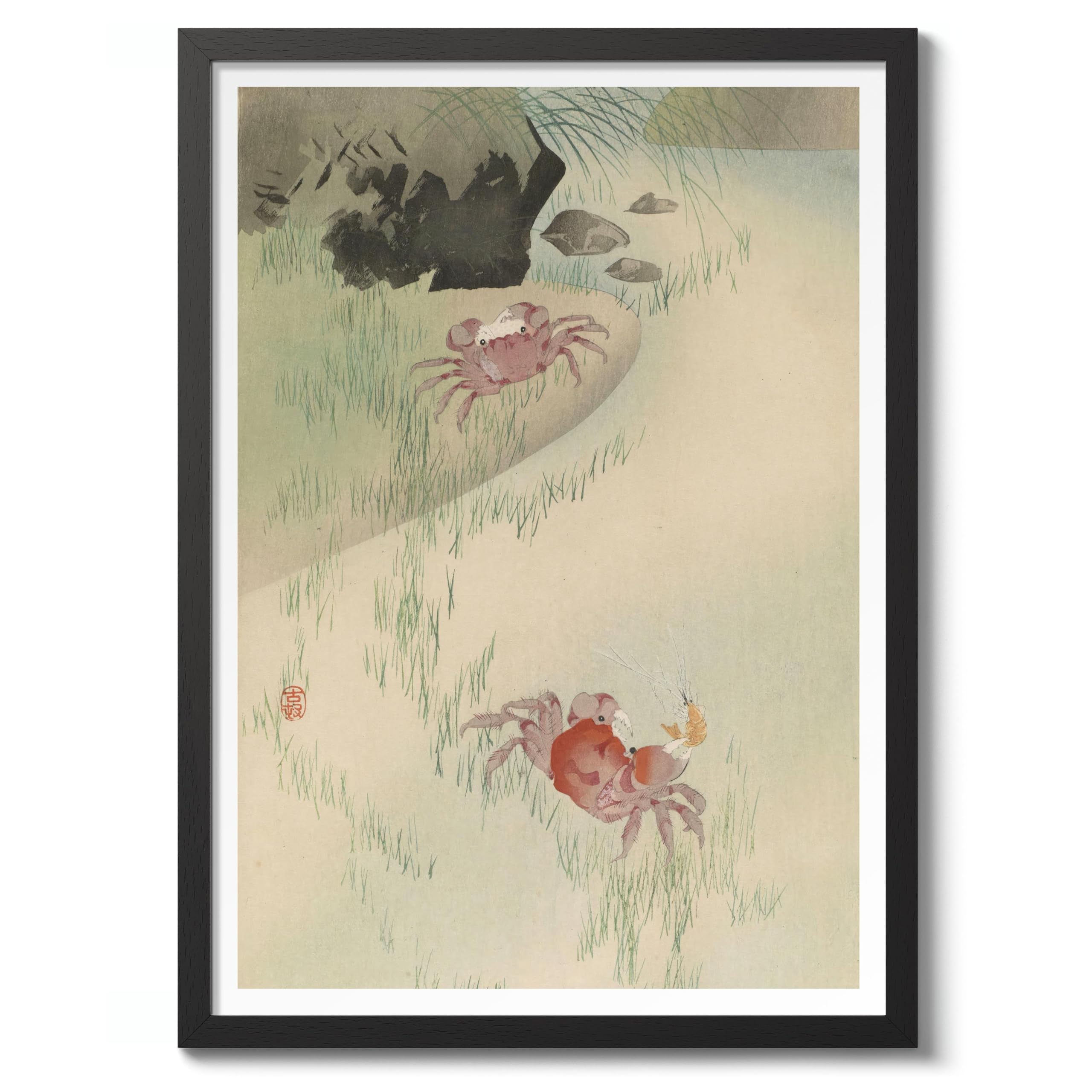 Two Crabs, Reeds Behind Ohara Koson Poster, Japanese Woodblock Ukiyo-E Print, Vintage Nature Art Picture Animal Painting Wall Art, Japan Artwork Home Decor, A5 (Black Frame) - 24.1x17.9cm โ image 1