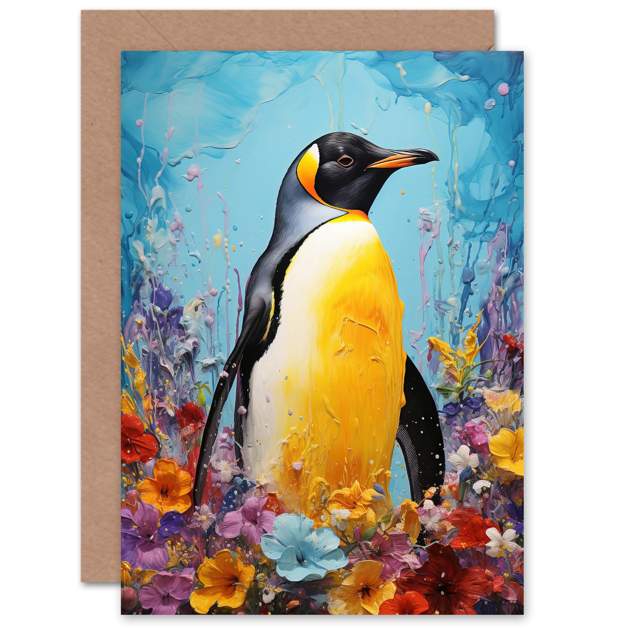 Artery8 King Penguin Floral Flowers Colourful Fun for Wife Her Mum Sister Daughter Mom Gran Nan Birthday Thank You Congratulations Blank Art Greeting Card