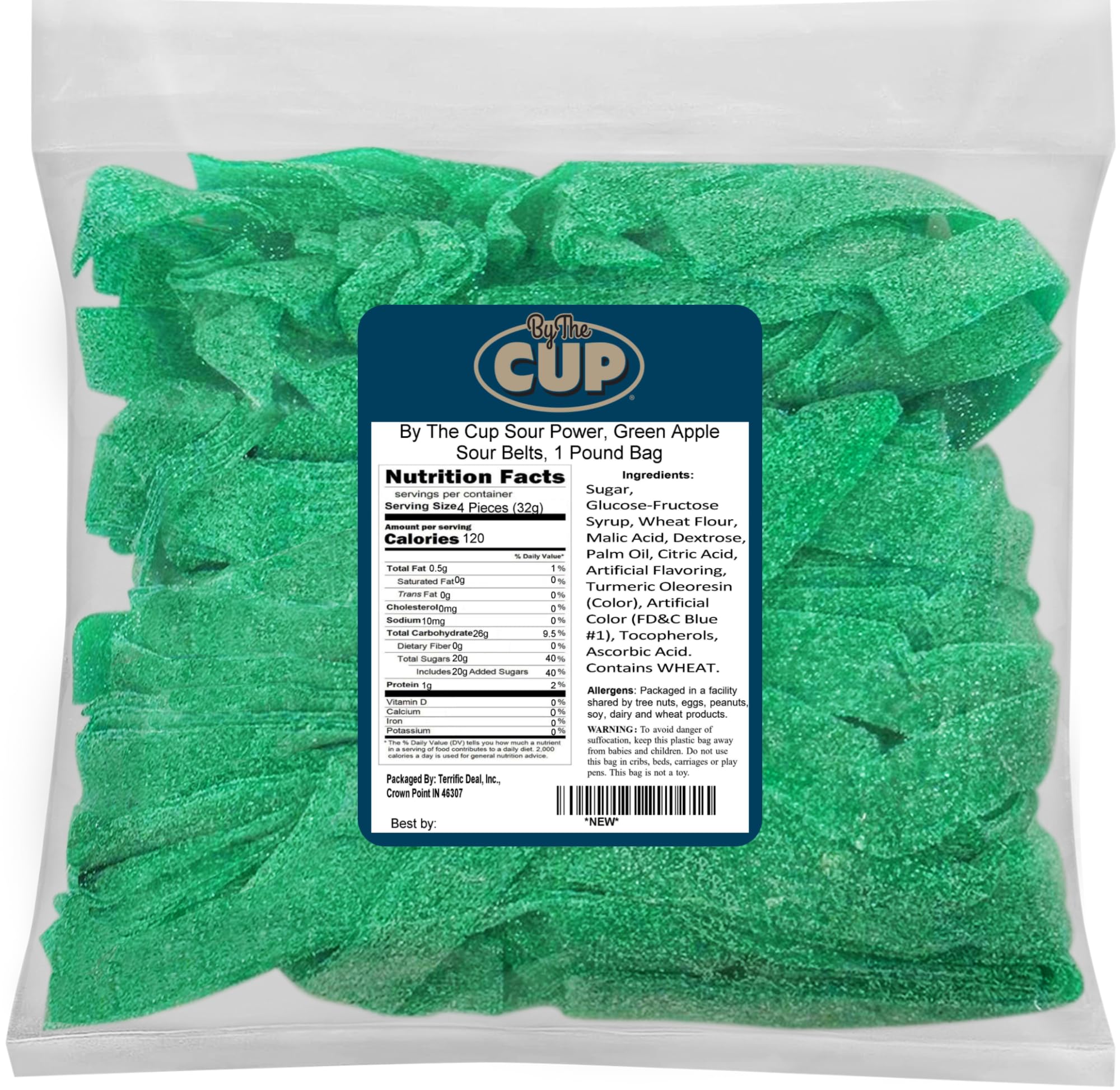 By The Cup Green Apple Sour Belts, 1 lb Bulk Bag