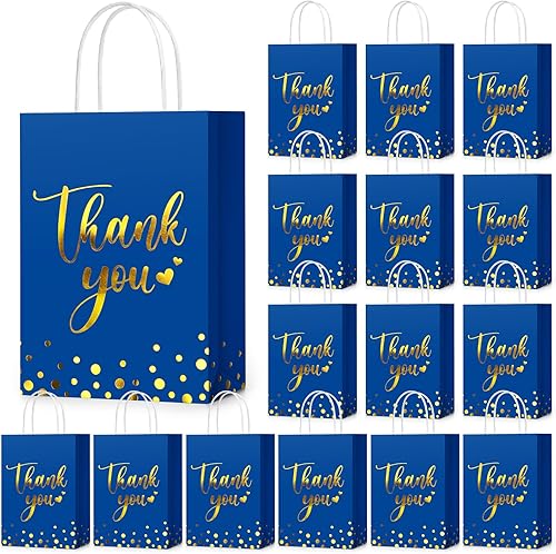 PerKoop 60 bolsas de regalo de agradecimiento a granel de papel dorado con asa para negocios, compras, bodas, baby shower, recuerdos de fiesta (azul