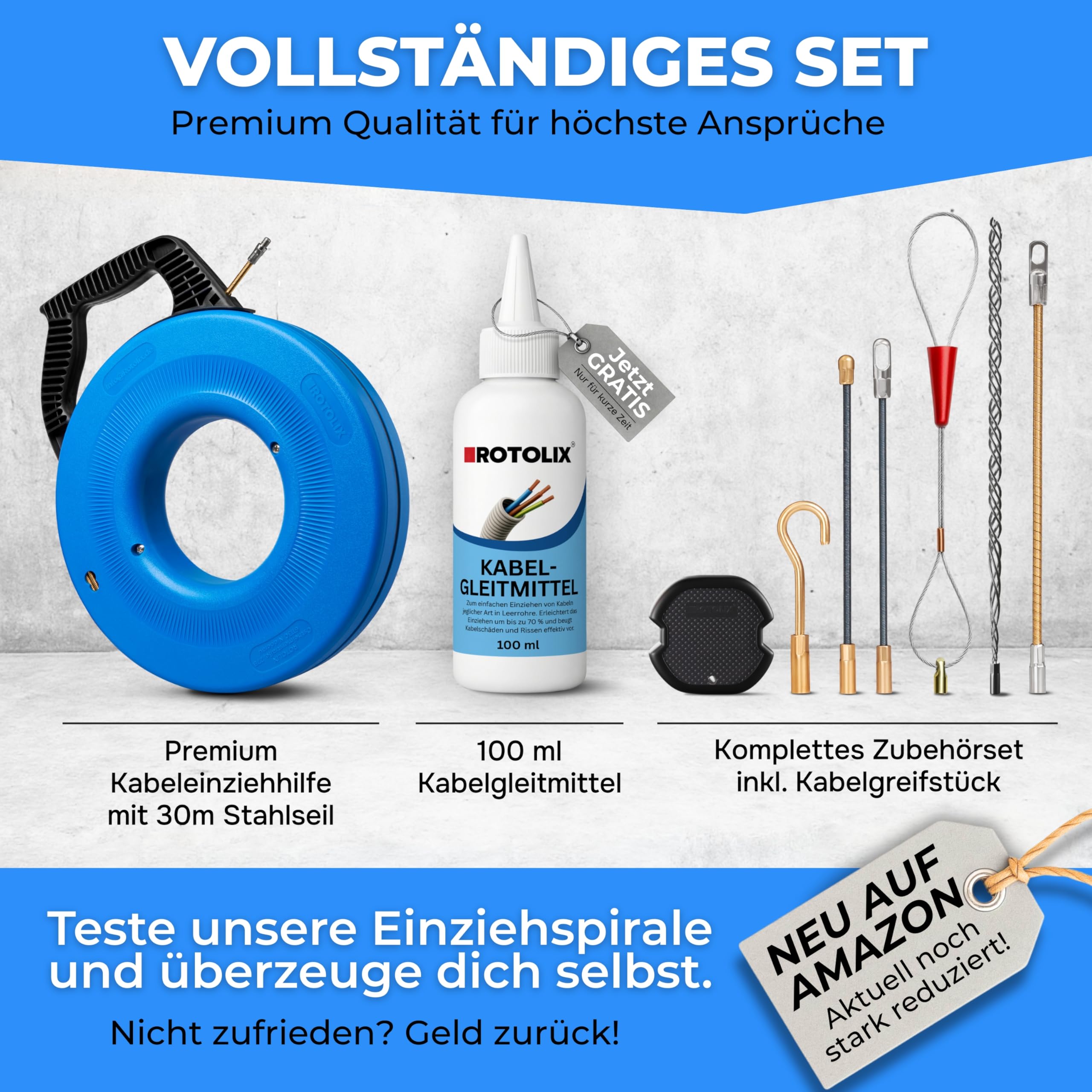 Kabeleinziehhilfe – Einziehspirale, 30m Kabel Einzugshilfe für Leerrohr mit Premium-STAHL-Seil & 200 KG Zugkraft | Einziehhilfe – Zugdraht für Elektro & Glasfaser