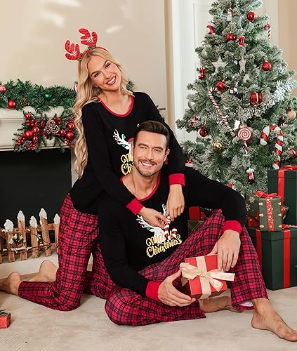 Miniatura 8 de SWOMOG Conjunto de pijama de Navidad a juego conjunto de pijama de manga larga con estampado de Navidad para hombres y mujeres pantalones a cuadros