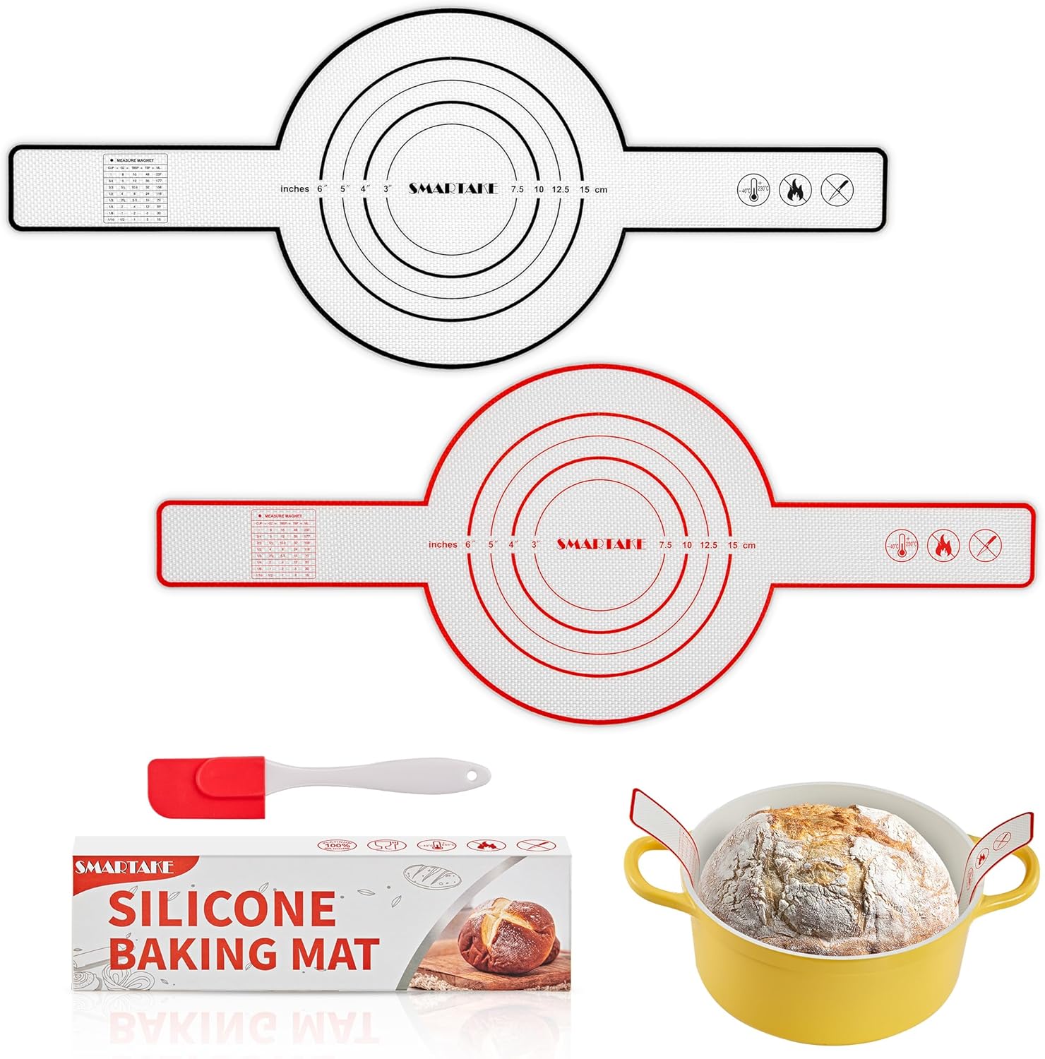 SMARTAKE 2-Pack Silicone Bread Sling for Dutch Oven, Reusable Bread Baking Mats with Long Handles, Include Spatula, Non-Stick Bread Baking Sheet Liners for Transferable Dough Pastry (Red & Black)