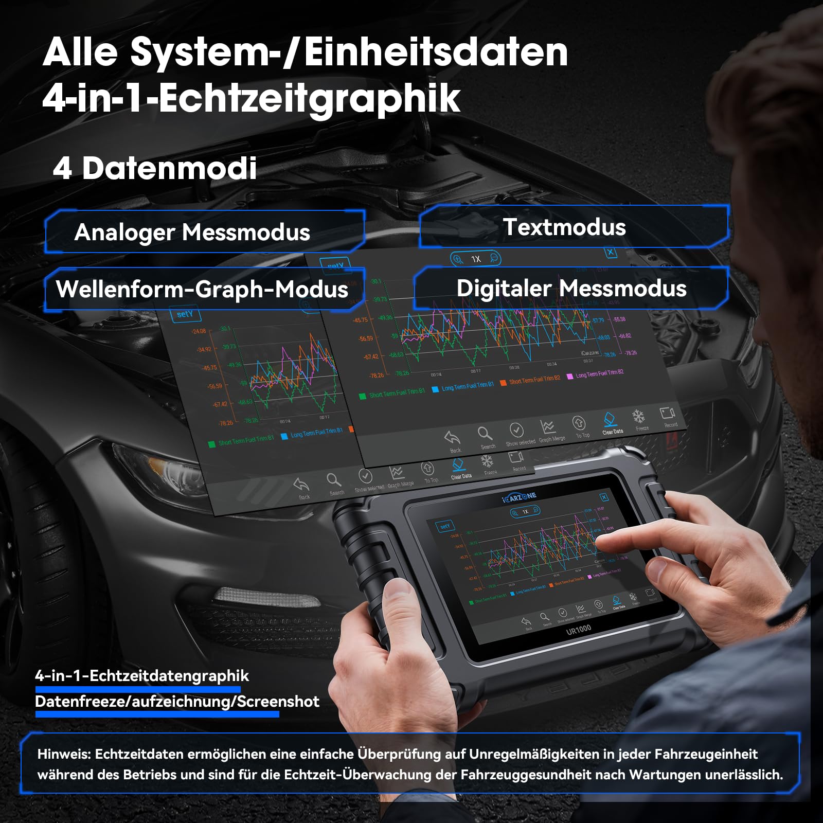UR1000 OBD2 Diagnosegerät Bluetooth, Auslesegerät Auto mit Alle Systemdiagnosen, 50 Resets KFZ Diagnosegerät, 10000+ Aktivierungstests, ECU-Kodierung, TPMS-Program, CANFD, Online-Updates