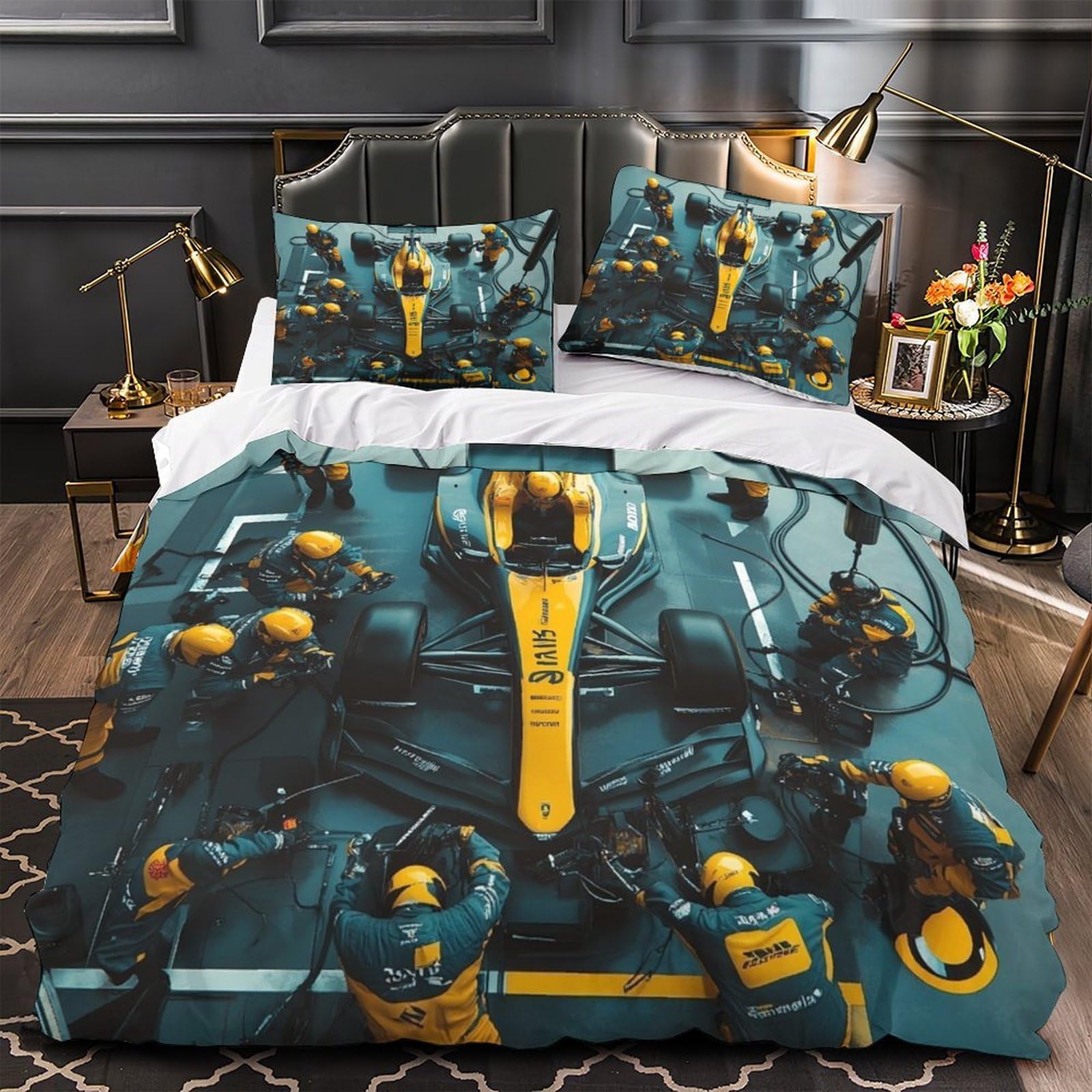 DAFUfbw Luxe Formulaa Racing Duvet Cover Set With Hidden Zipper, Super King（260x220cm） Pit Stop Quilt Cover Set with Pillowcases Bedding Set Soft Microfiber