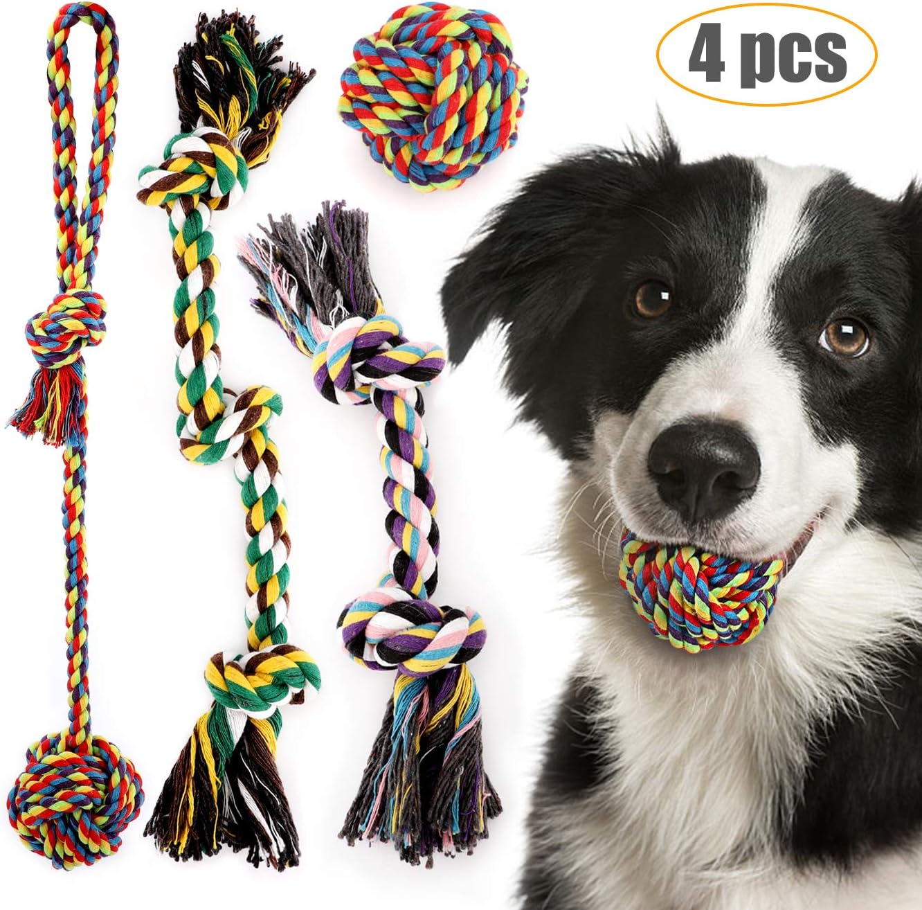 Dog Chew Rope Toys Puppy Teething Toy Knot Rope Tug Interactive Biting Ball Aggressive Chewer Nature Cotton (4pcs)