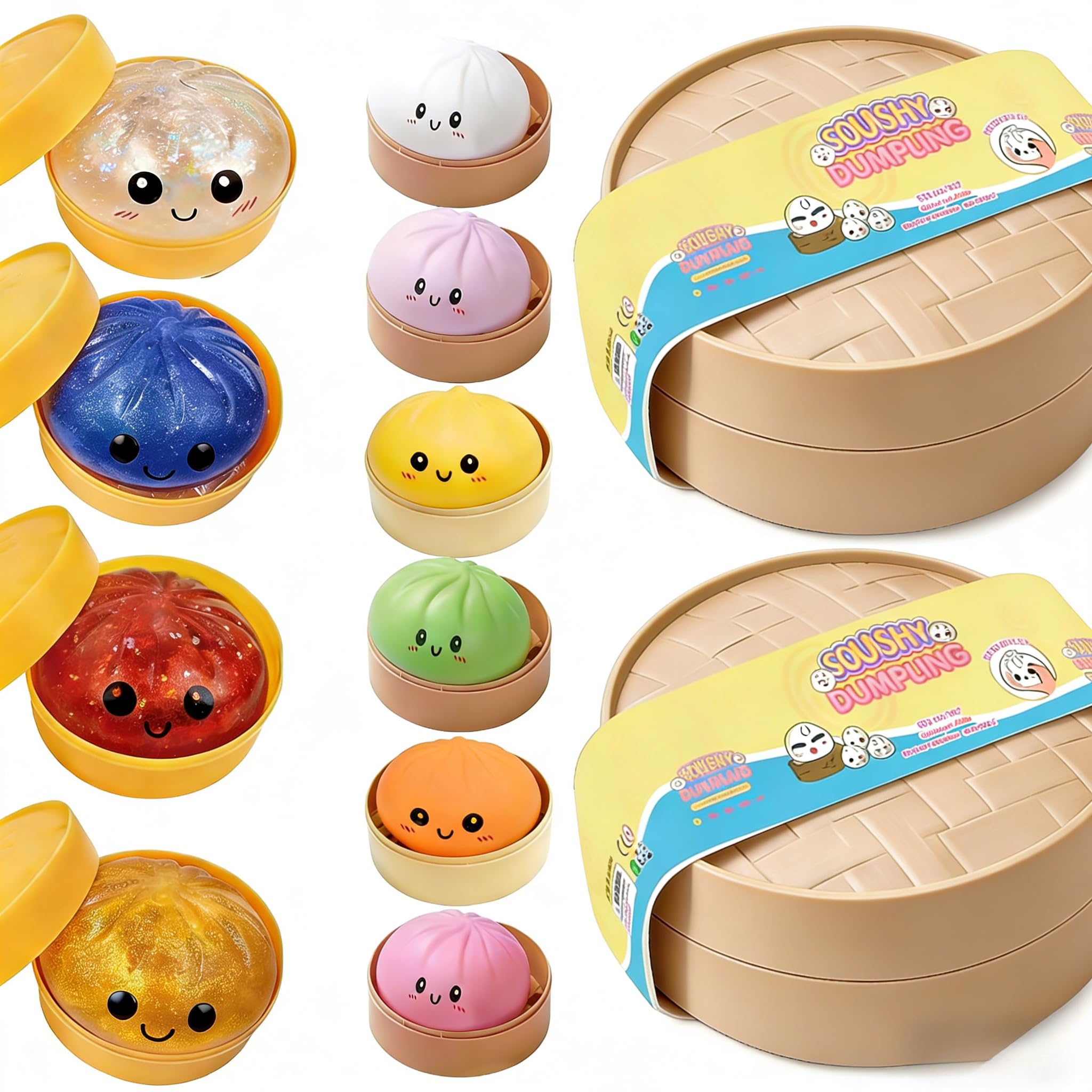 10 Color Mystery Box Dumpling Squishy Cute Dim Sum Squeeze Toy with Glitter Steamer Fun Desk Fidget Stress Relief Office Tool Random (Random-2pcs) — image 1