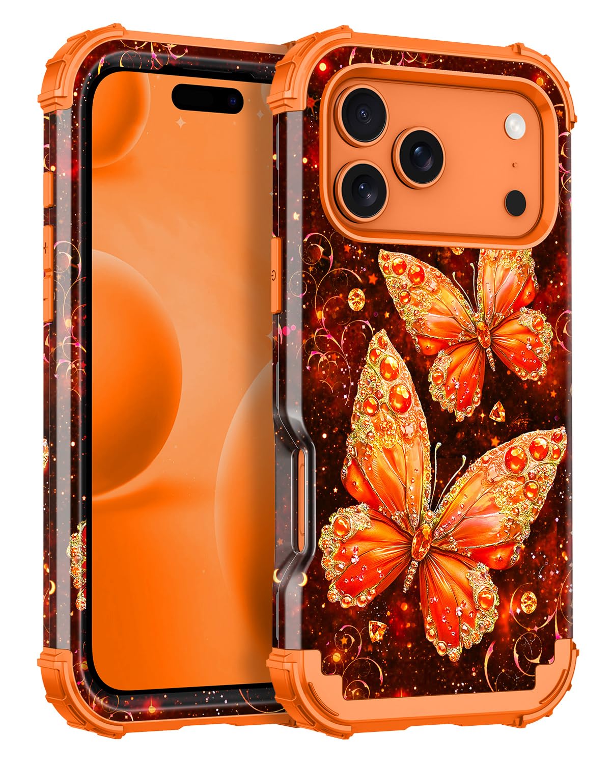 Miqala for iPhone 17 Pro Case,Glow in The Dark Three Layer Heavy Duty Shockproof Protection Hard Plastic Bumper+Soft Silicone Case for iPhone 17 Pro,Light Orange