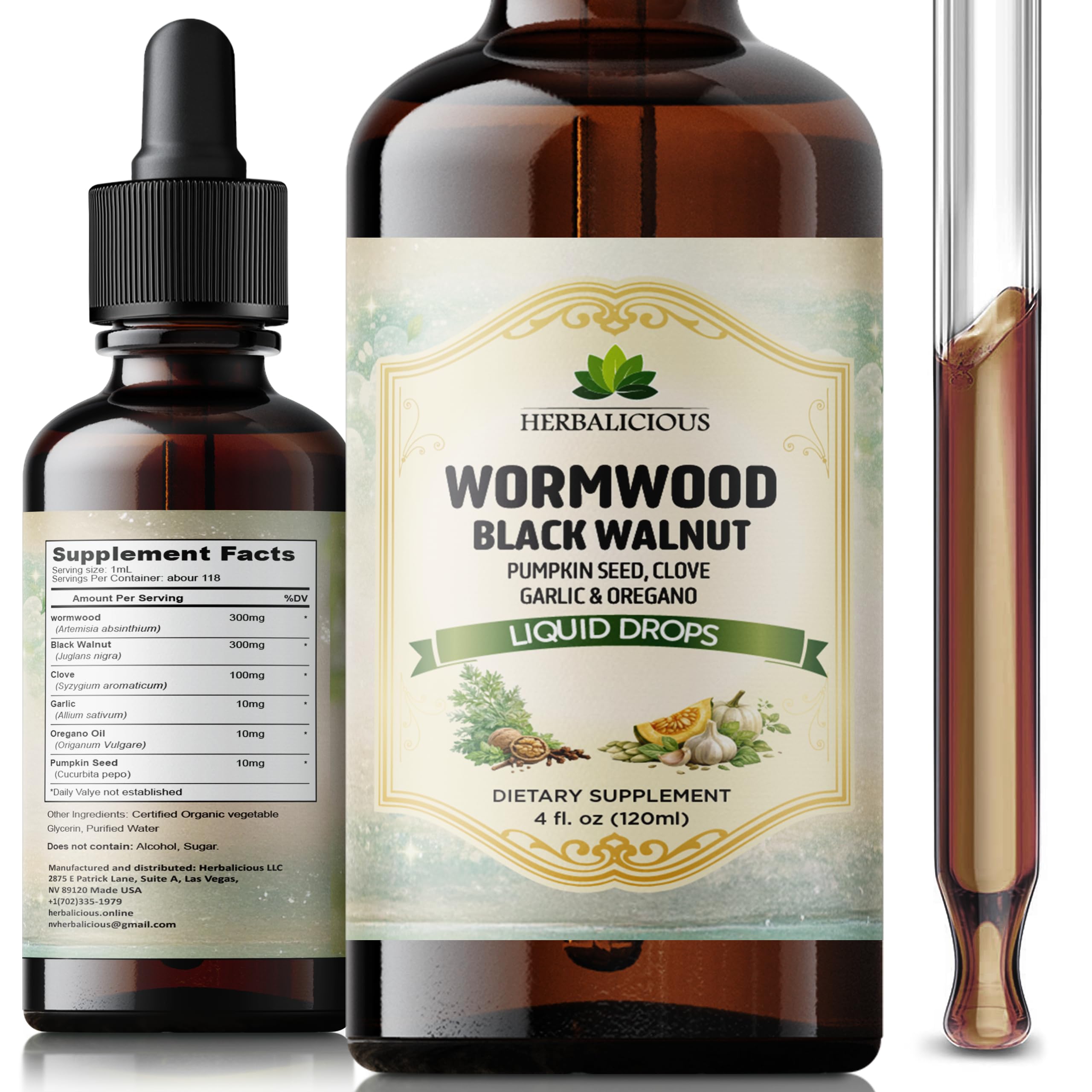 HEBRALICIOUS Wormwood Black Walnut Clove Parasite Cleanse – Herbal Liquid Drops with Pumpkin Seed, Garlic & Oregano Oil – Alcohol-Free Tincture Supplement, 4 fl oz (120 ml)