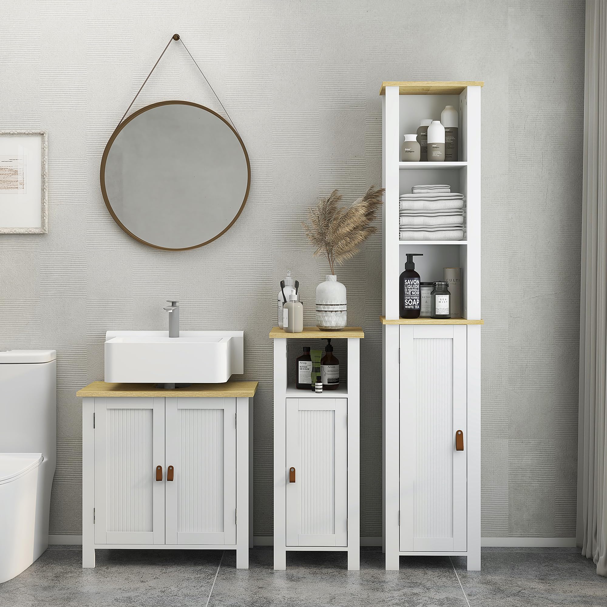 kleankin Meuble sous-Vasque, Meuble sous-Vasque pour Salle de Bains, 2 Portes, étagère réglable, 2 étagères intérieures, poignées PU, 60 x 30 x 60 cm, Blanc