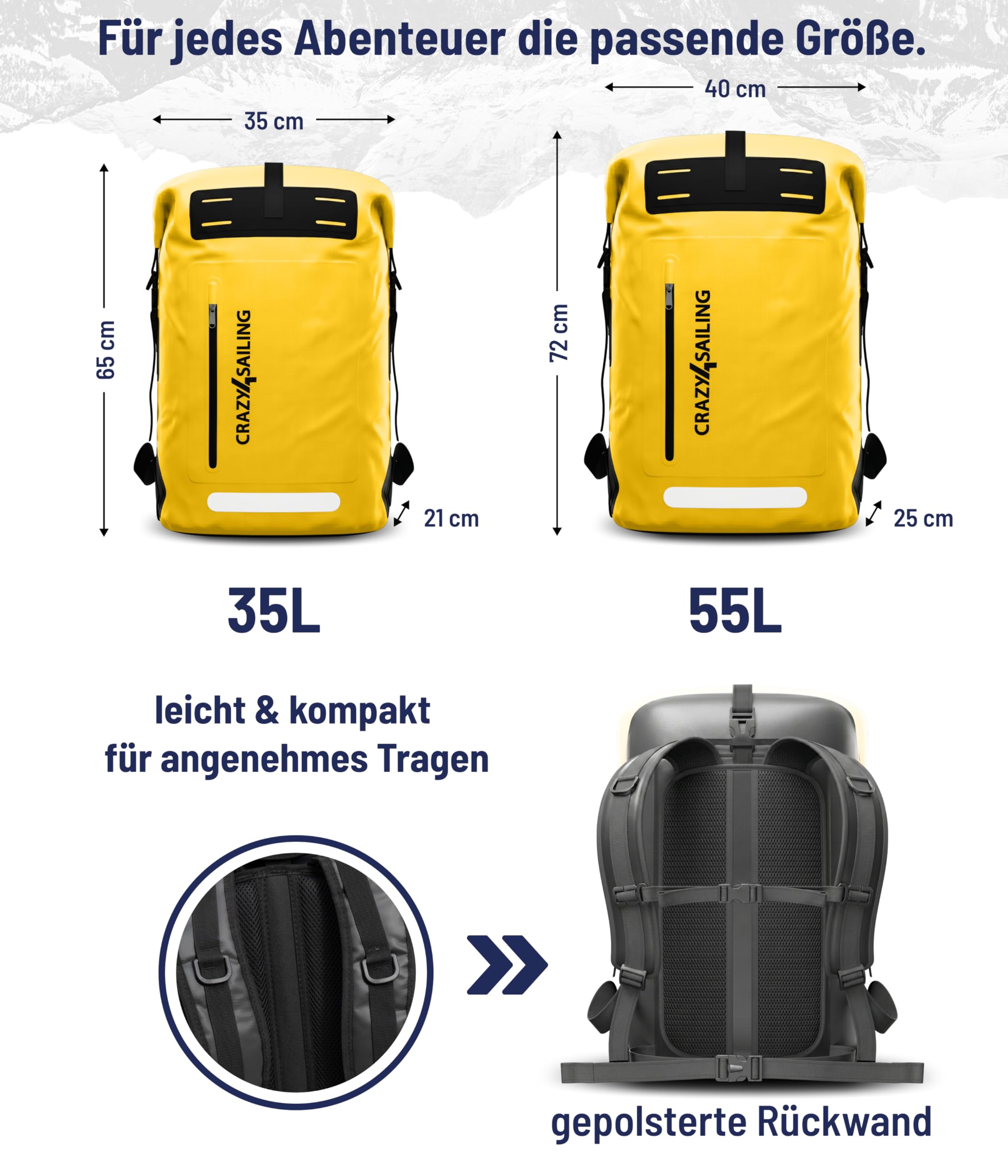 crazy4sailing Mochila impermeable de PVC 35 L/55 L – Mochila de exterior para barco, vela, camping y ciclismo – Bolsa de lona resistente al agua de PVC en 6 colores, amarillo, 55 Liter, Mochila
